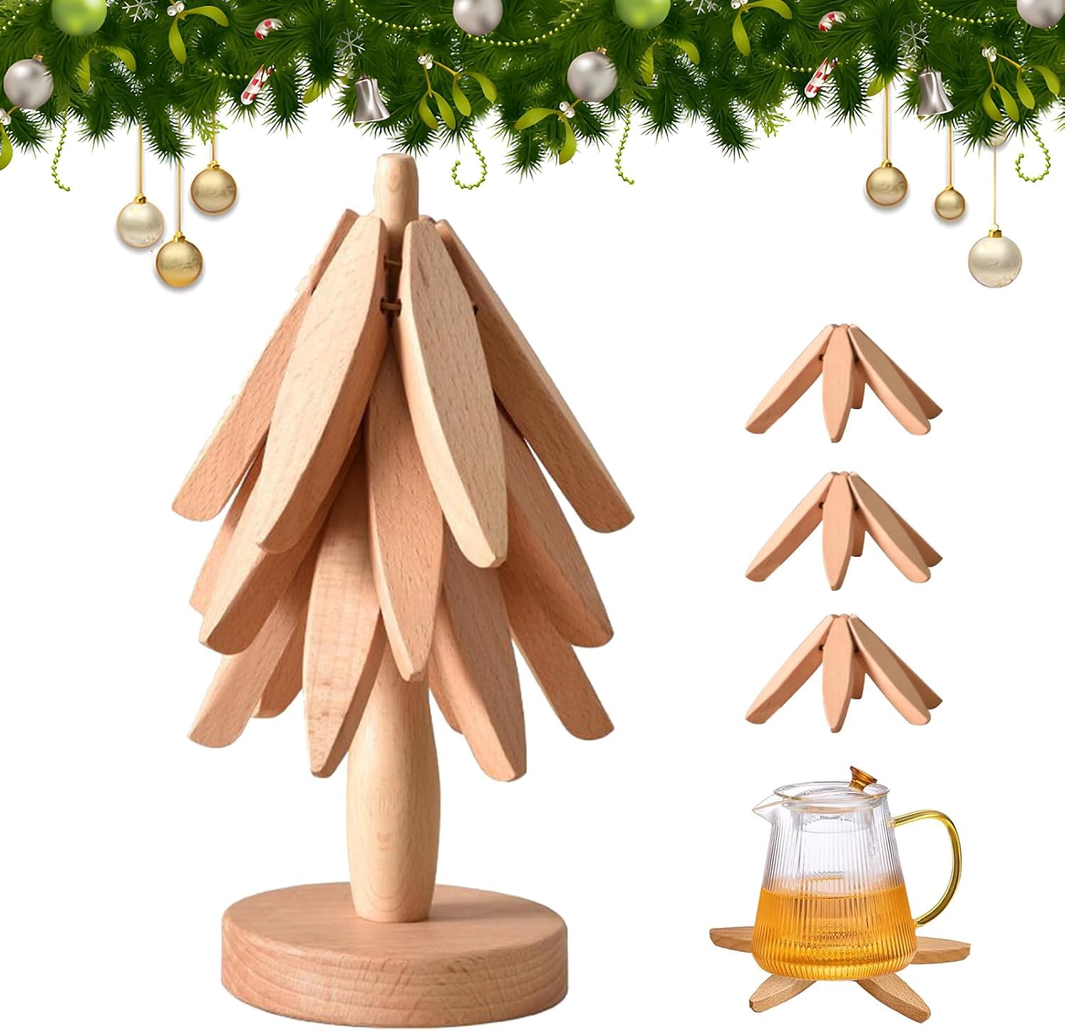 Snugeasy 3 Trivets - B Wooden Trivet Tree Coasters Stackable, Christmas Tree Shaped 3/4/5+1 Natural Wood Heat Resistant Tree Coasters For Kitchen Xmas Decor (3 Trivets - B)