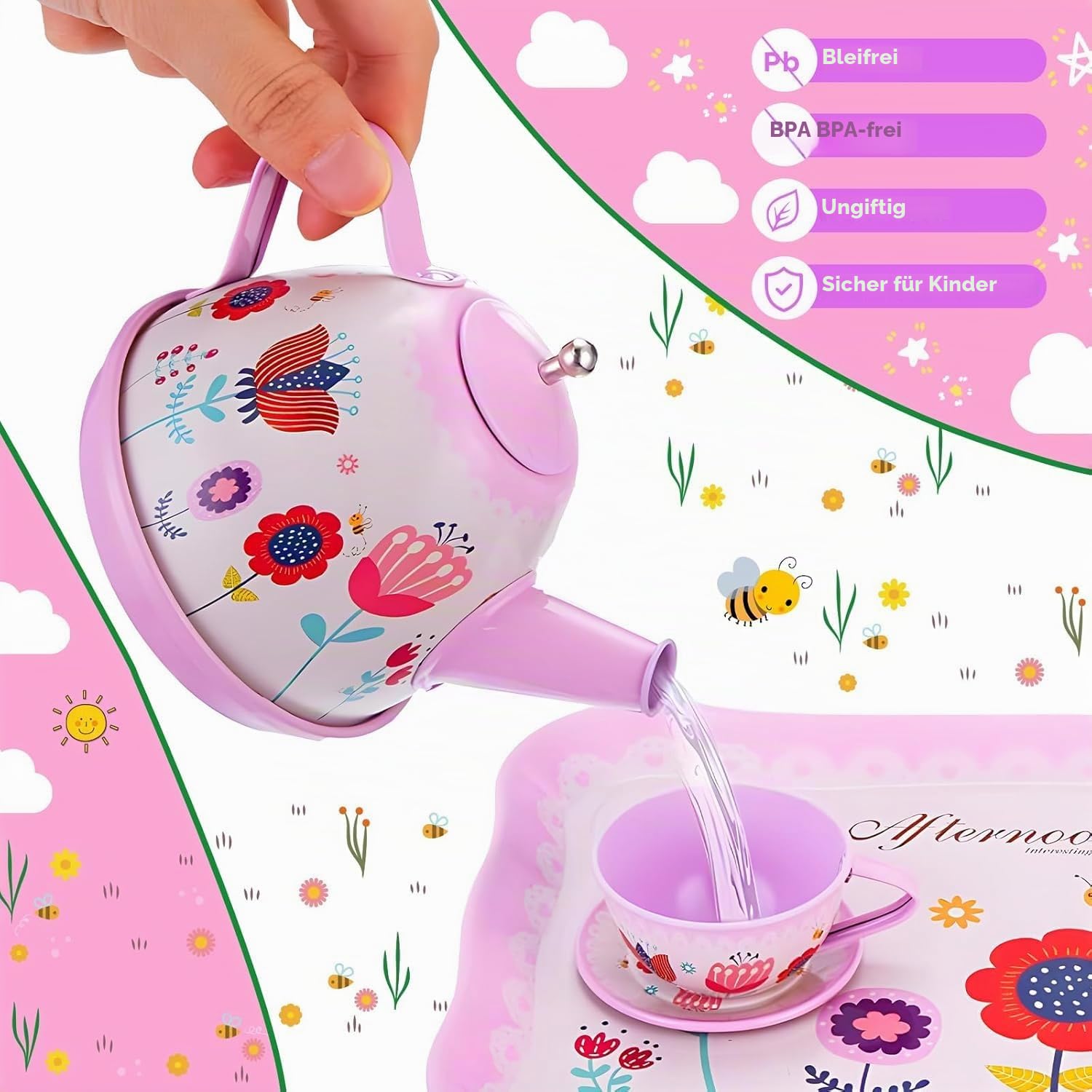 Teeservice Kinder, 46 Teile Puppengeschirr Kinderküche Tin Teekanne Set, Spielküche Zubehör für Kinder Küche Tee Party, Rollenspiele für Spielzeug Mädchen 3 4 5 6 7 Jahre Geschenkideen
