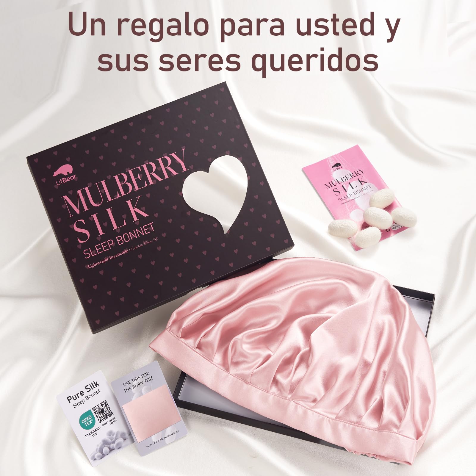 LitBear Gorro de Seda de 22 Momme para Dormir – Gorro de Dormir de 100% Seda de Morera, capó de Seda con Banda elástica, Gorro Transpirable y Ajustable para el Pelo Rizado
