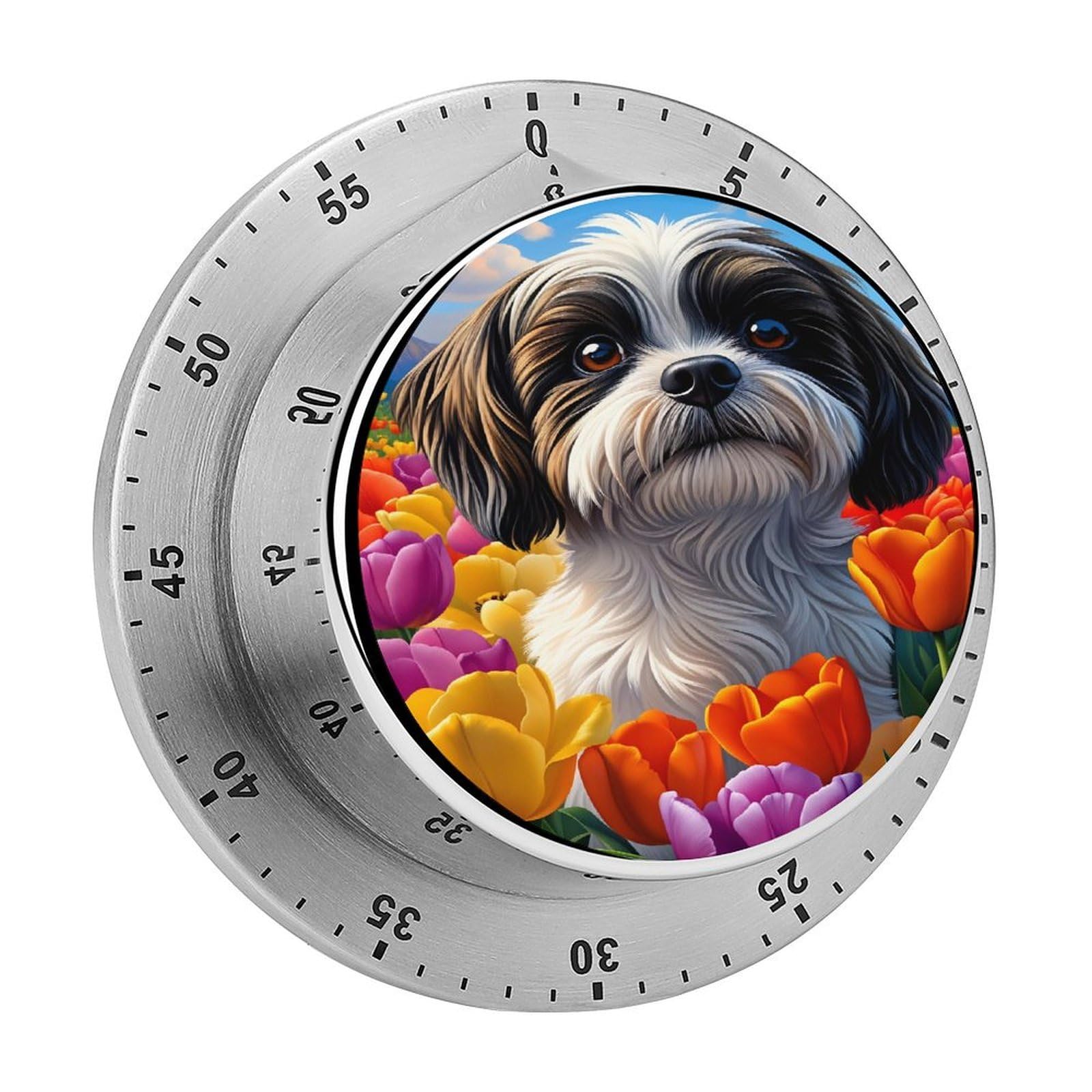 Shih Tzu Dog Tulip Floral 60 Minute Wind Up Timer,Visual Mechanical Magnetic Timer with Loud Alarm for Kitchen