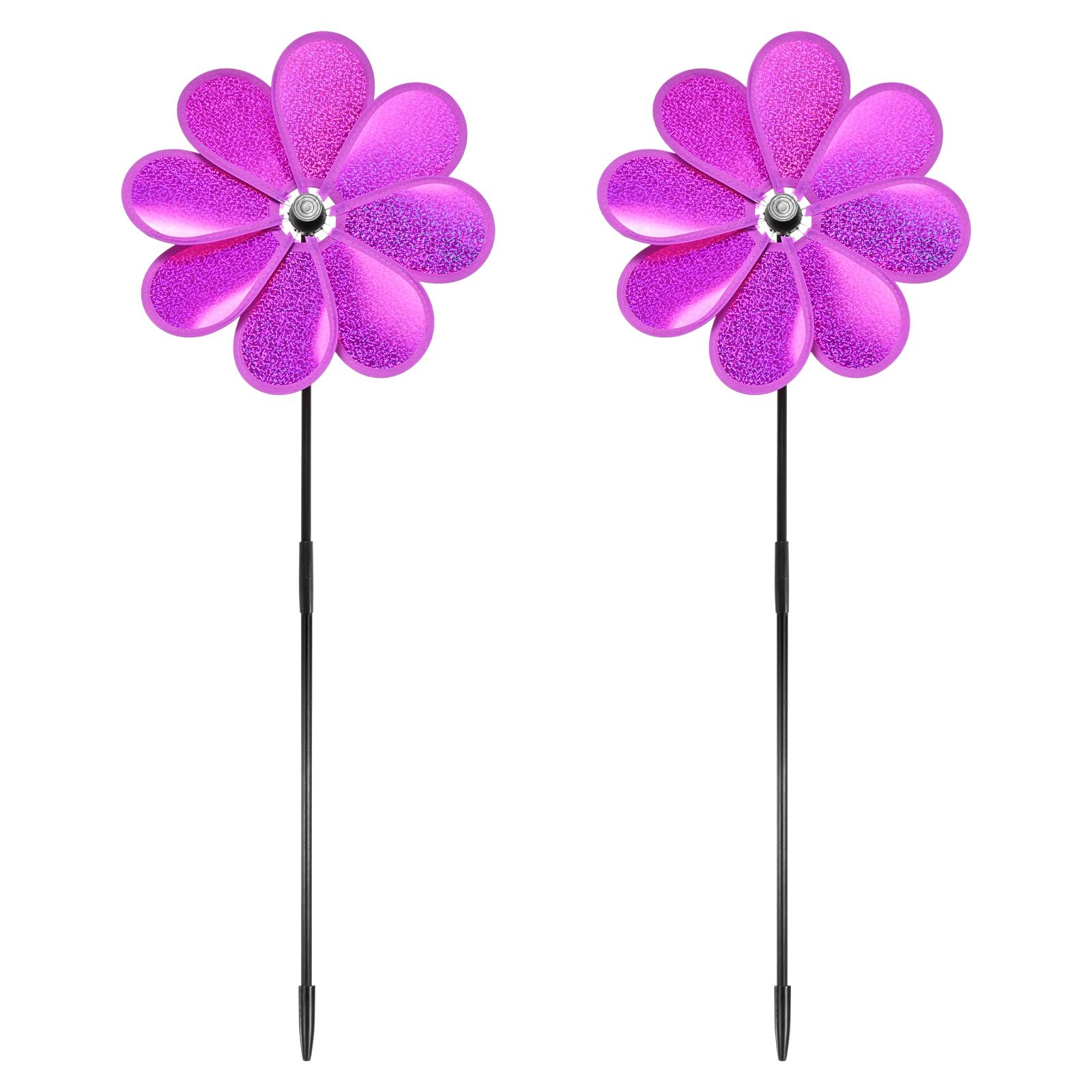 M METERXITY 2-Pack Flower Wind Spinner Sparkly Lawn Pinwheels, 28.3 Inch Plastic Reflective Pinwheels for Party Decorations/Yard/Garden, Colorful Rainbow Garden Windmill [Rose Red]