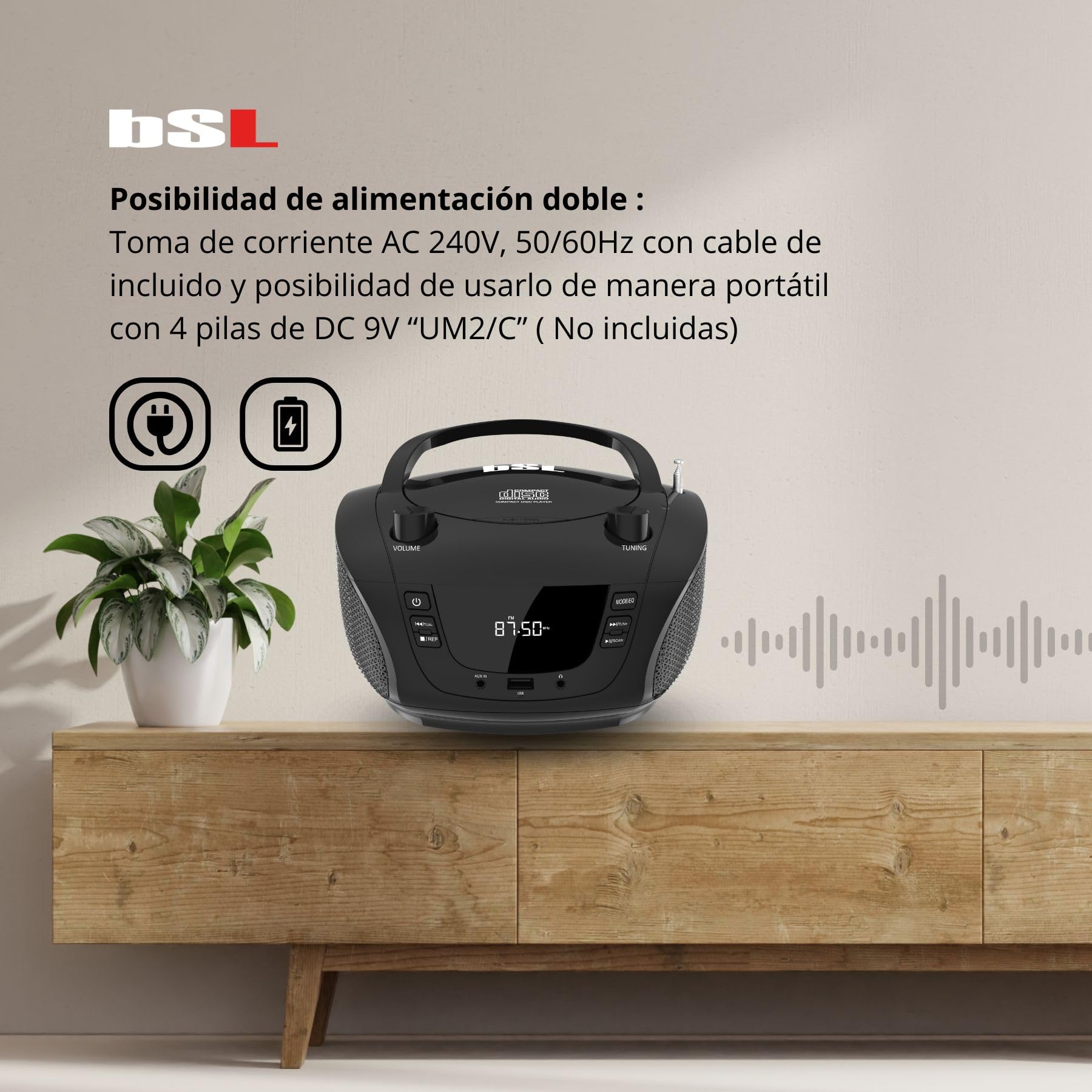 Boombox Tragbares CD-Radio mit Bluetooth BSL JL-2031A, mit 4 W RMS-Leistung, FM-Radio und USB-Anschluss, kompatibel mit MP3-Dateien, LCD-Display, AUX-Eingang und Kopfhörerausgang
