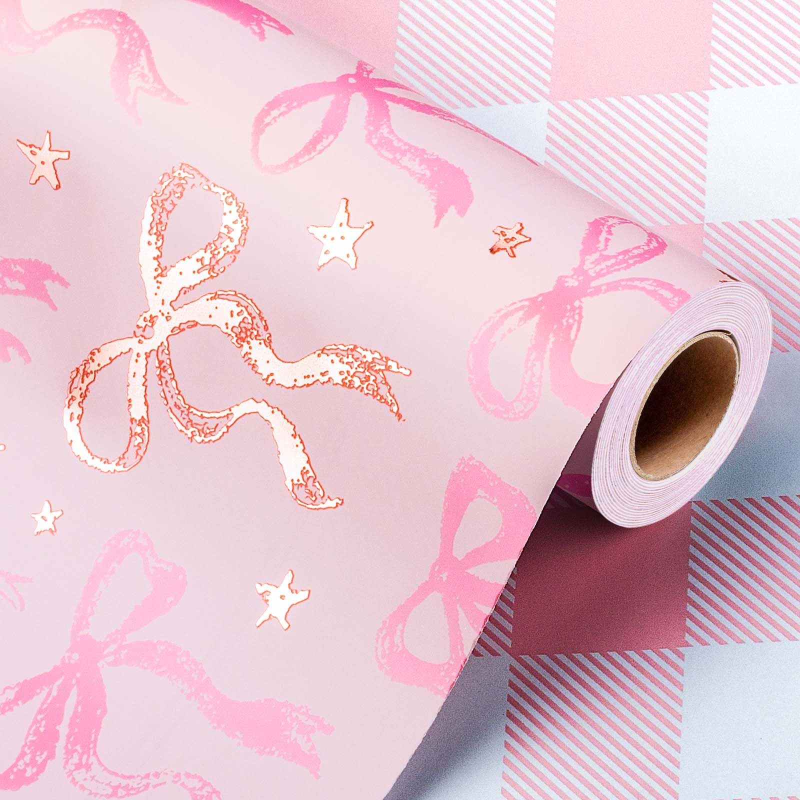 Wikadlik Cute Wrapping Paper, Pink Bow and Plaid Design Reversible Gift Wrap Paper Roll for Valentines Day, Mothers Day, Wedding, Baby Girl Birthdays, Christmas - 43cm x 10m