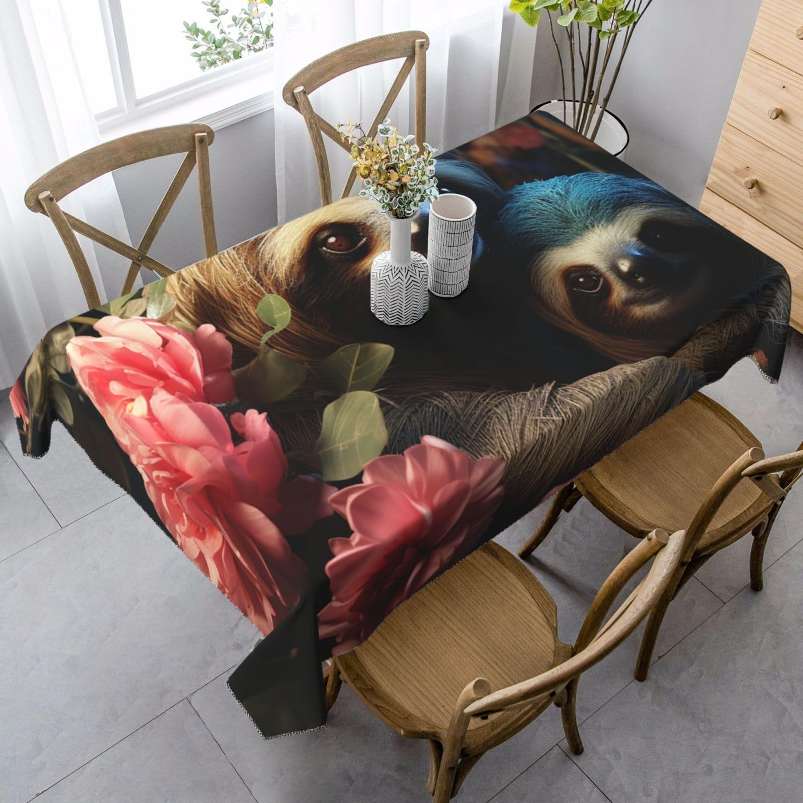 Nappe imperméable motif paresseux anti-tache pour table rectangulaire