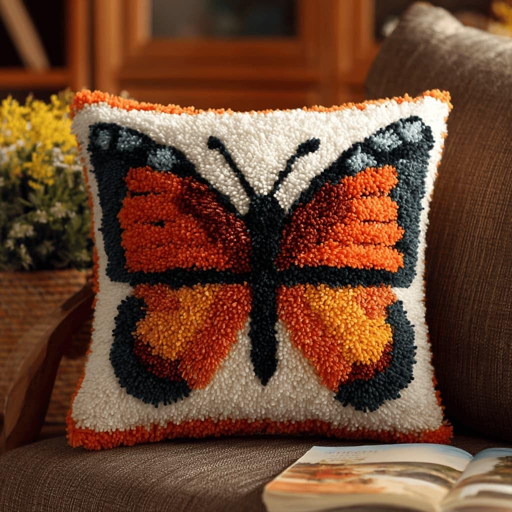 AxiangziK Latch Hook Cushion Kits,Butterfly DIY Needlework Pillow Cover Cushion Rug Making Kit,17X17Inch Handmade Embroidery Kits, Decorative Throw Pillow Cover for Sofa Cushions, Bedroom Decor