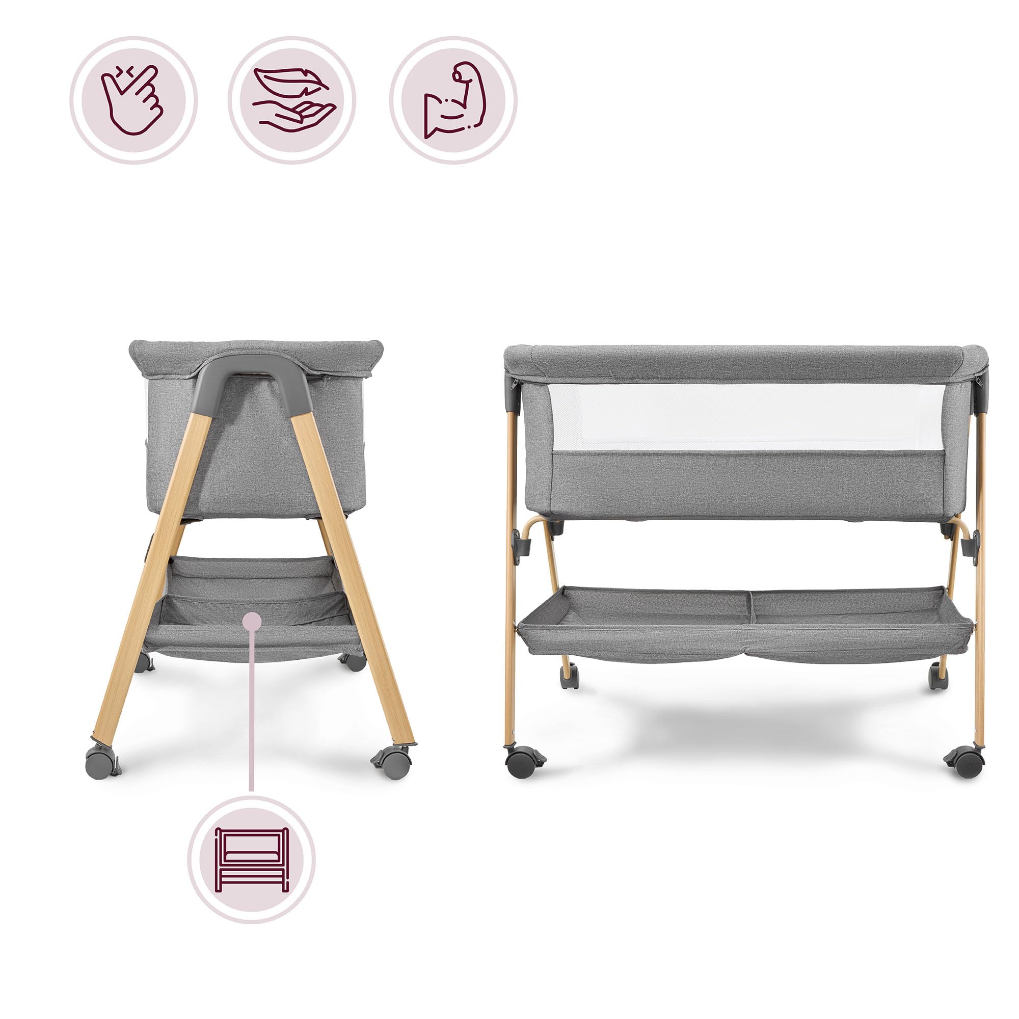 Moby-System Lit Bébé avec Matelas - Berceau Pliant 0-6 Mois - Gris Mélange - Respirant, Léger, Mobile avec roulettes et Freins, Pliable avec Panier de Rangement - LOZ Mili
