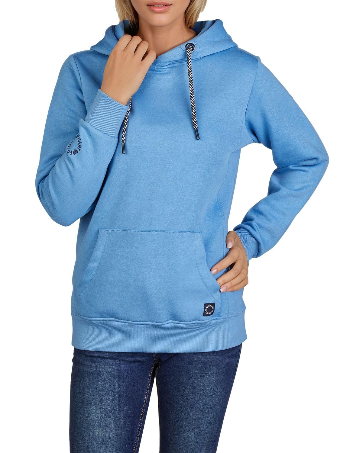 DENIMFY Hoodie Damen Regular Fit DFEmma Kapuzenpullover Pullover Cross-Over Kragen Schwarz Beige Grau Rose Blau Grün S M L XL XXL