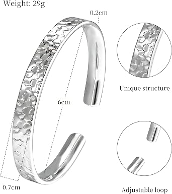 Gold & Silver Bangle for Women, Chunky Hammered Adjustable Open Cuff Bracelet