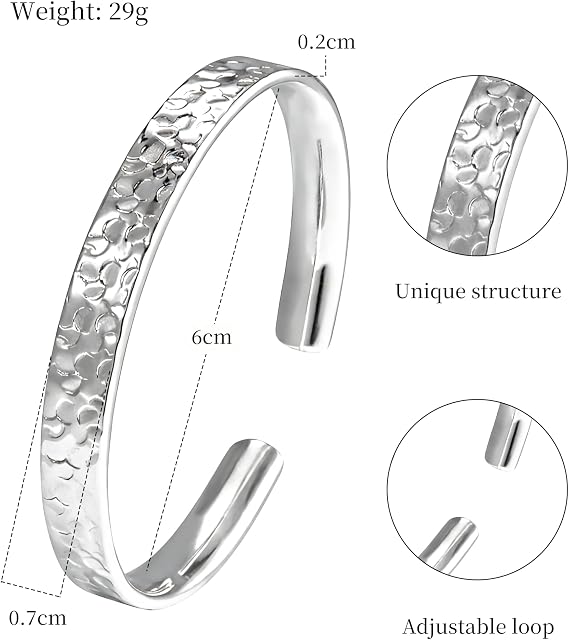 Gold & Silver Bangle for Women, Chunky Hammered Adjustable Open Cuff Bracelet