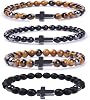 Cross Bead Bracelet for Men Women,8mm Tiger Eye, Lava Rock, Black Obsidian Healing Crystal Beaded Bracelets,Natural Protection Stone Bracelets Jewelry Gifts for Men Women