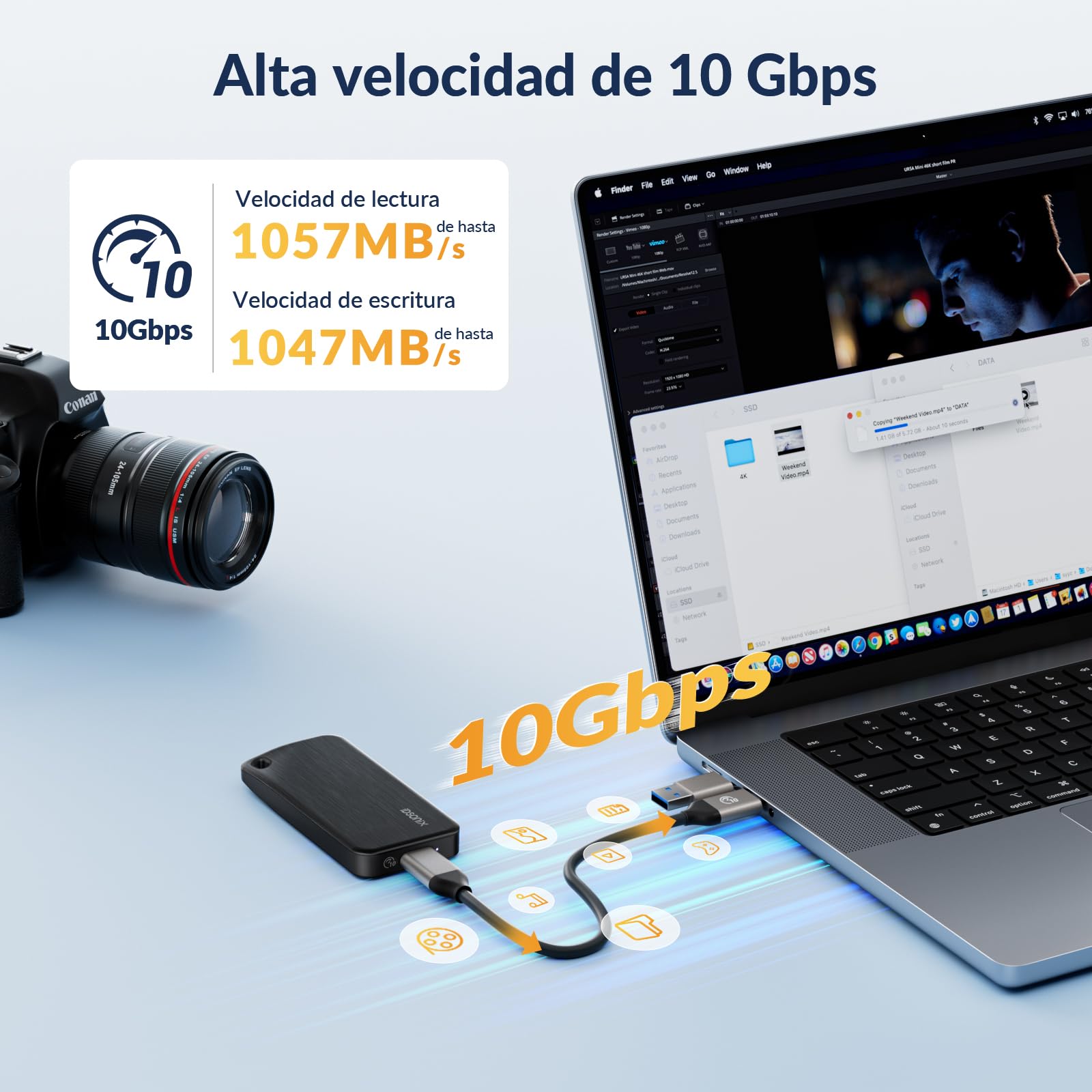 iDsonix Disco Duro Externo SSD portátil de 2 TB, USB 3.2 Gen 2, hasta 1000 MB/s, con Cable USB-C 2 en 1, Compatible con Xbox, PS5, Mac, PC, portátil y cámara (i10PRO)