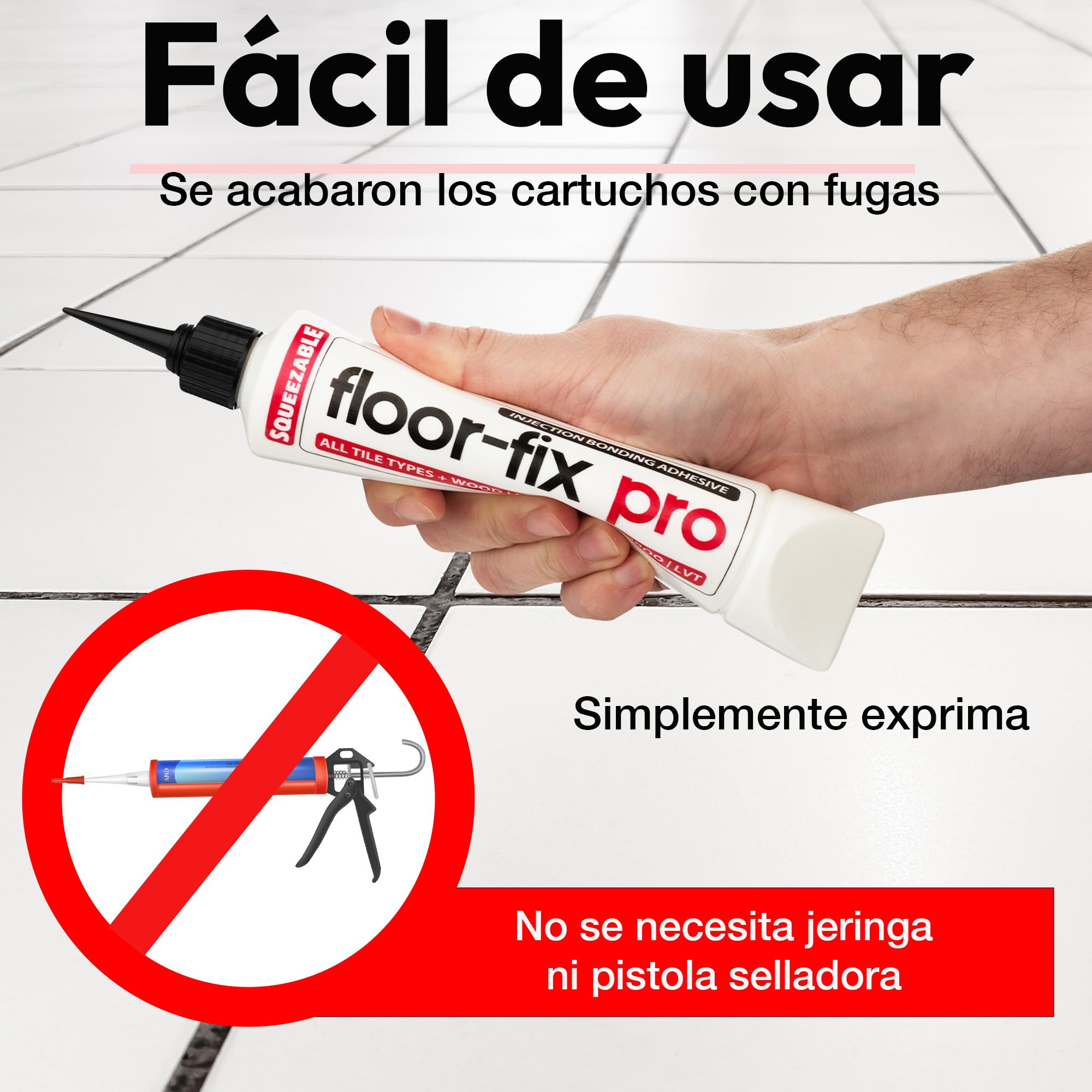 EASY SQUEEZE Kit de reparación todo en uno para baldosas sueltas y huecas, madera, LVT y laminado. Incluye tapa hermética.