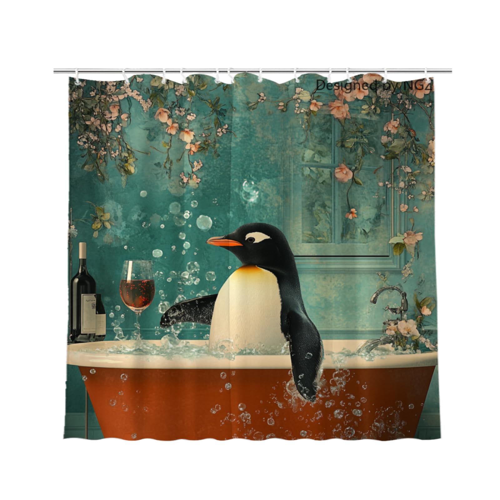 NGZ Funny Penguin Teal Shower Curtain, SPA with Wine, Green Shower Curtain, 72x72 Inches Shower Curtains for Bathroom, Bath Curtains Set with 12 Hooks