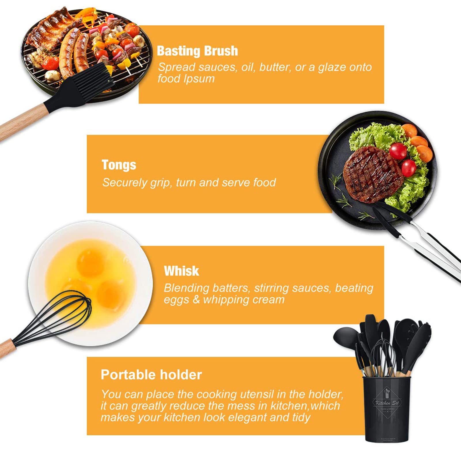 Lychee Set di Utensili da Cucina in Silicone, 12 Pezzi, Resistente al Calore con Manico Legno Antiaderenti da Cucina, Strumento di Cottura Termoresistenti (Nero)
