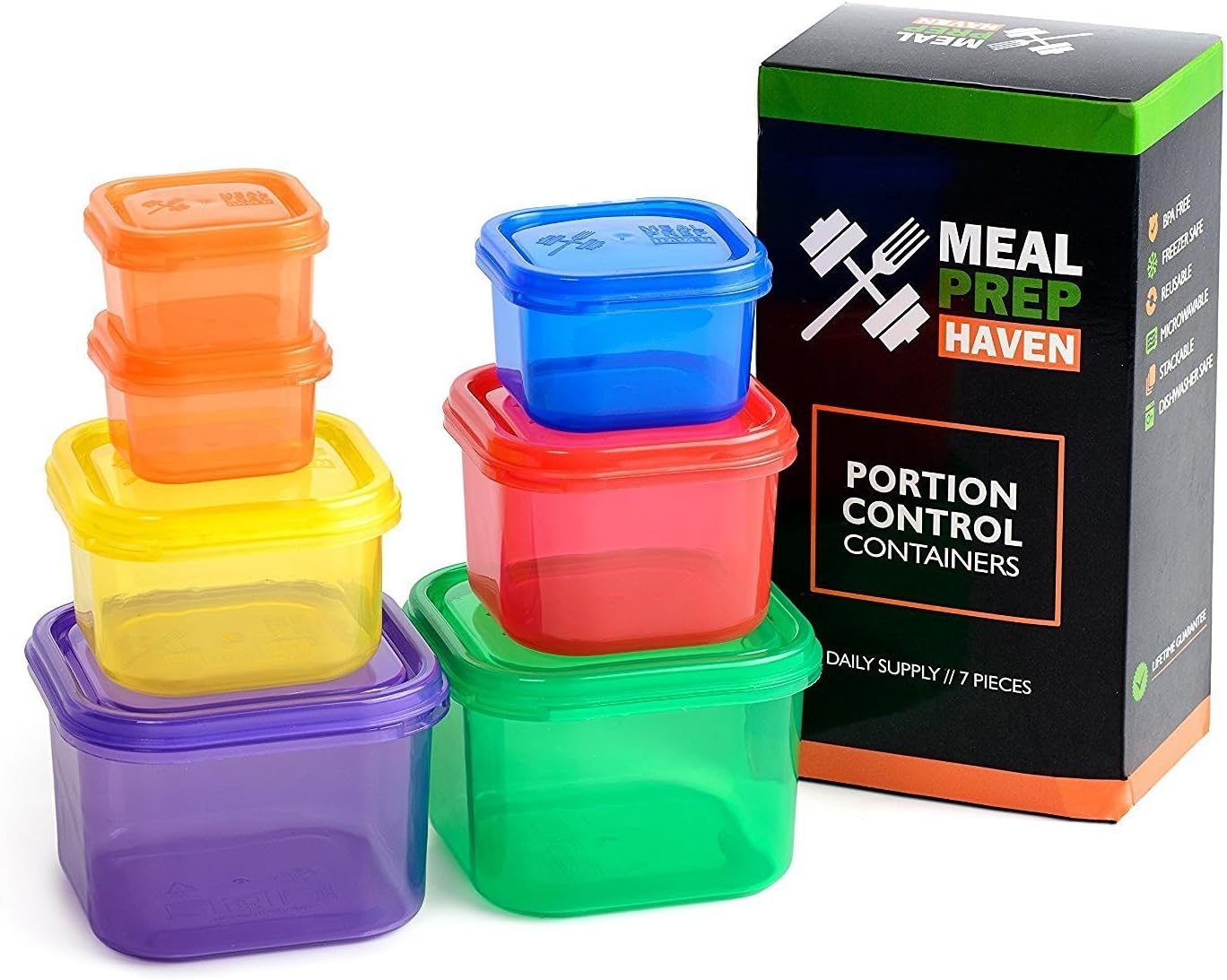 7 Piece Multi-Colored, Color Coded Portion Control Container Kit with Guide, Leak Proof, BPA Free, 21 Day Planner
