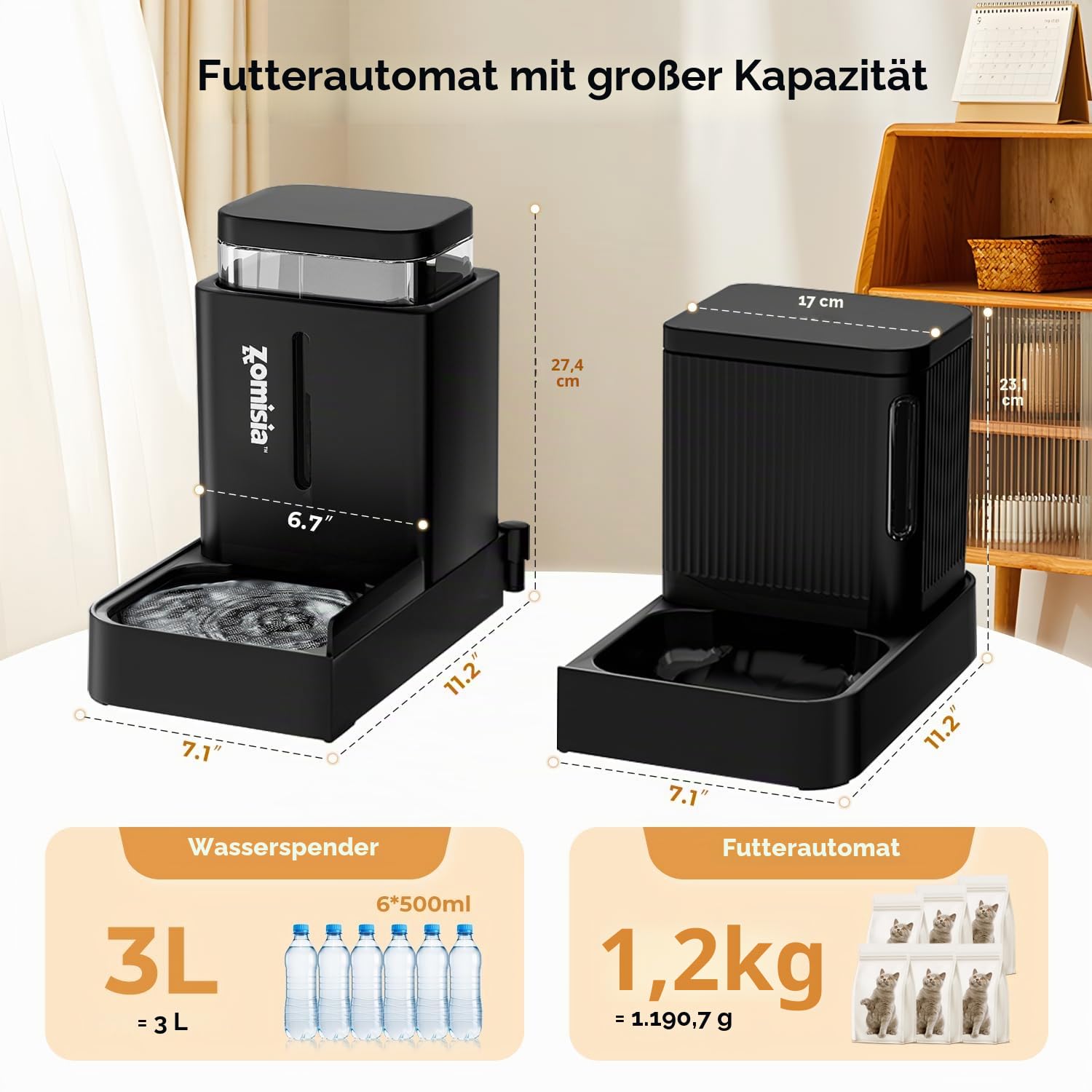 ZOMISIA Automatischer Futterspender für Katzen/Hunde 3L, 2-in-1 Schwerkraft Futterautomat Katze und Wasserspender Trockenfutter mit 180 Grad Drehbar, Schwarz