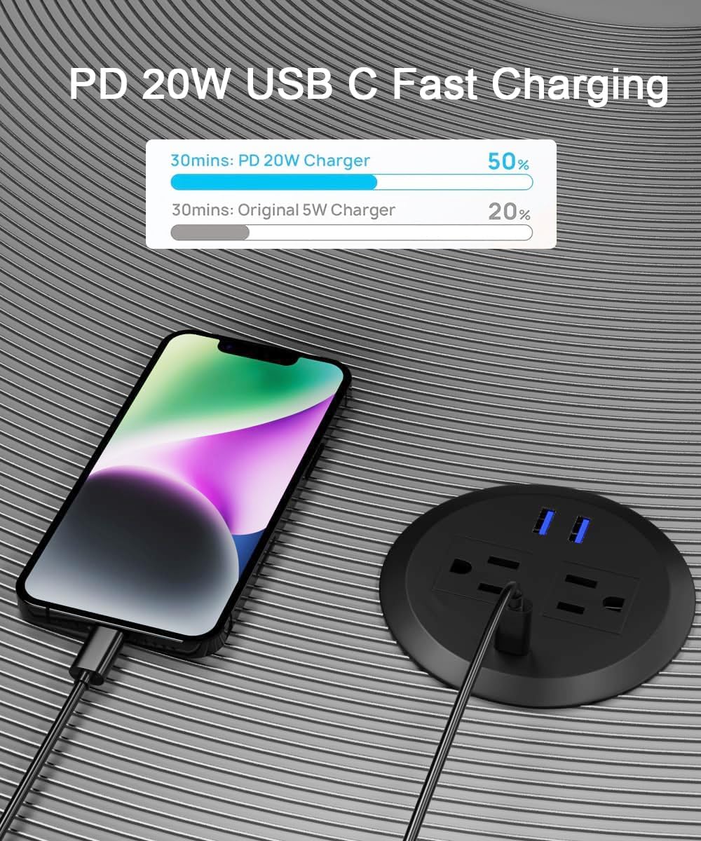 2 x gniazdo zasilania komputera 7,6 cm, kabel 3 m, stacja szybkiego ładowania USB-C 20 W, 3 porty USB, montaż podtynkowy, okrągła listwa zasilająca