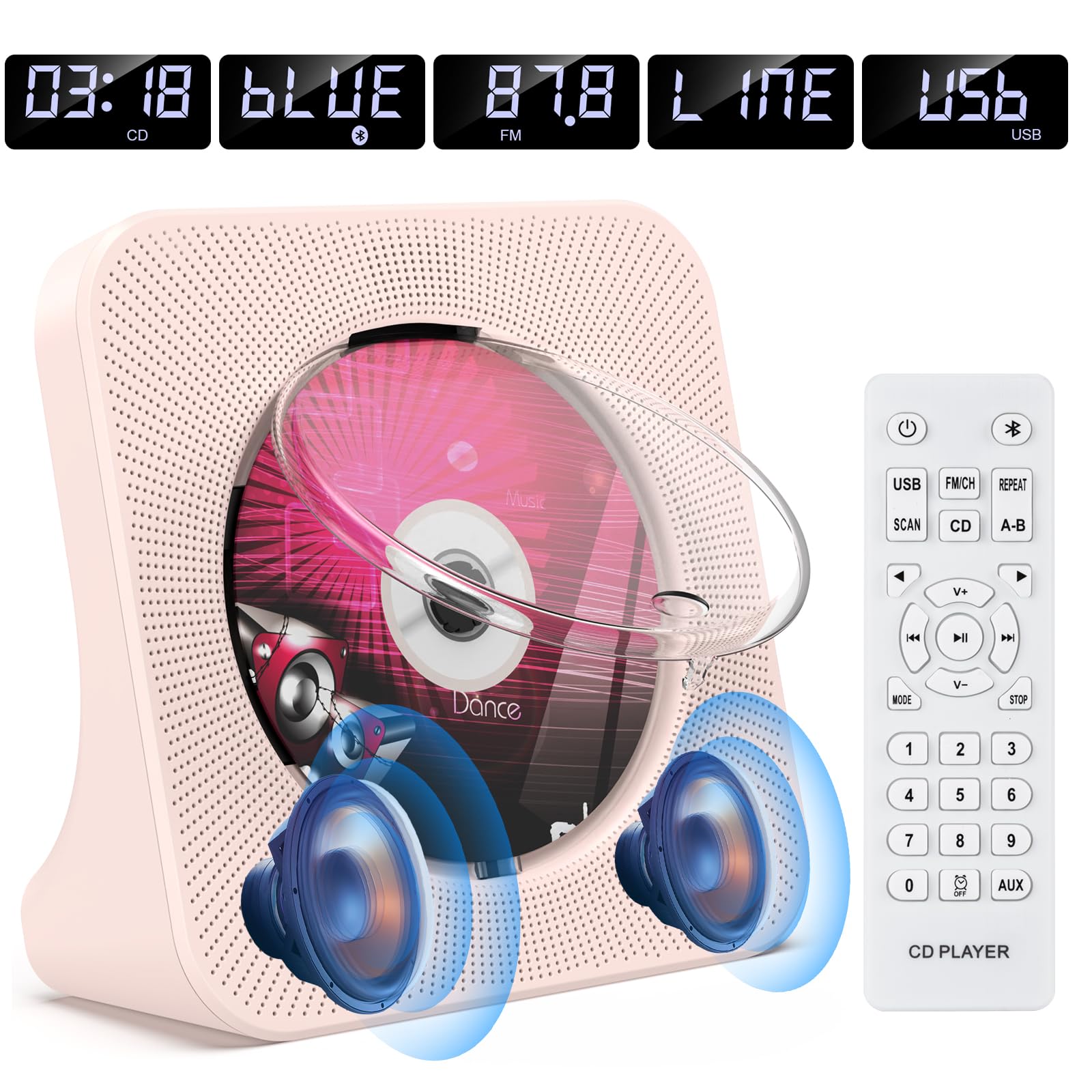 Lettore CD da tavolo con altoparlanti e Bluetooth 5.0 Rosa | Lettori CD con Telecomando Copertura antipolvere Display Radio FM Timer Riproduzione per USB e AUX