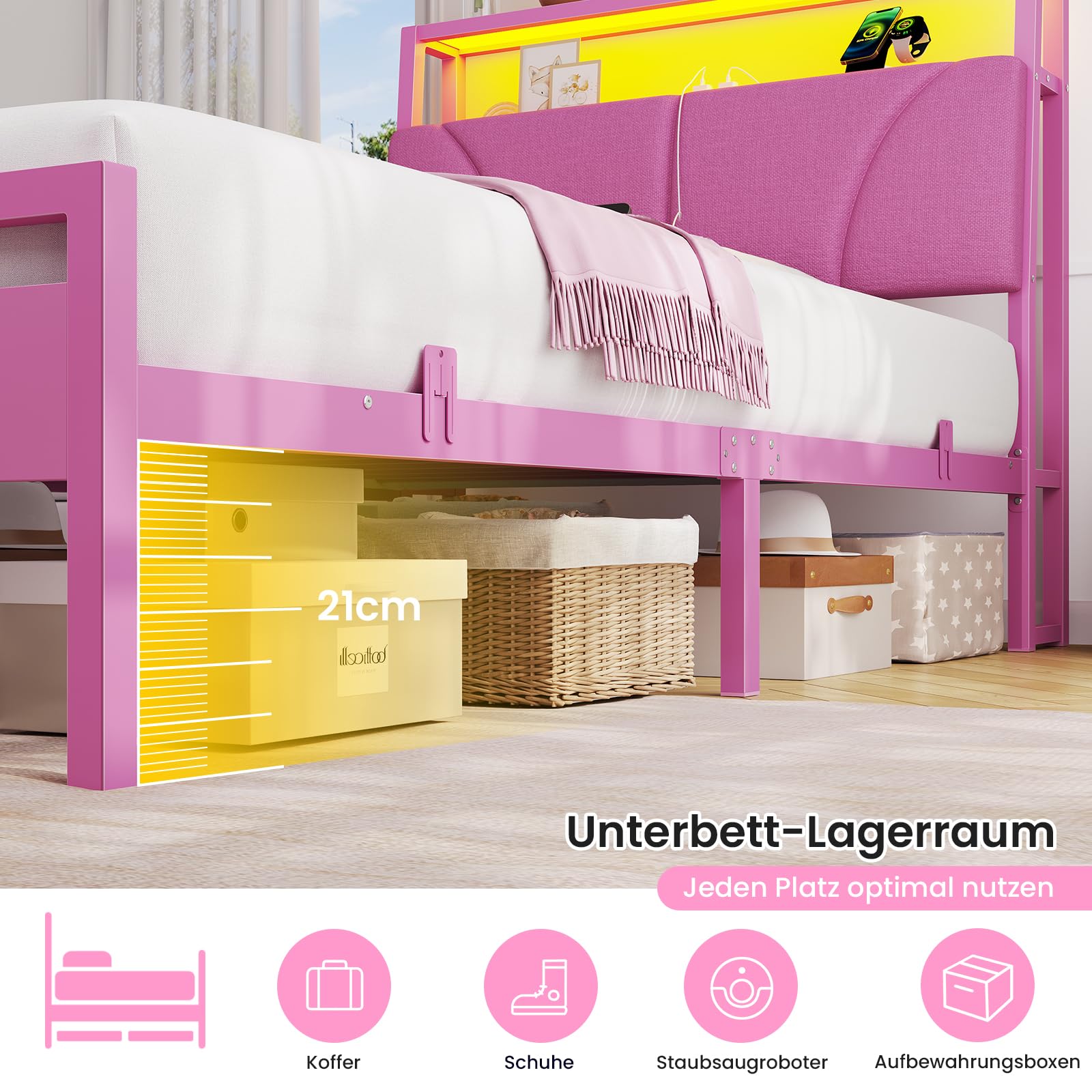 Brinlawb Mädchen Bett 90x200 cm mit LED Beleuchtung und Ladestation (2 AC-Steckdosen, 1 USB-A, 1 USB-C) Bettgestell Jugendbett mit gepolstertem Kopfteil und 2 offenen Regalen, Kinderbett 90x200 Rosa