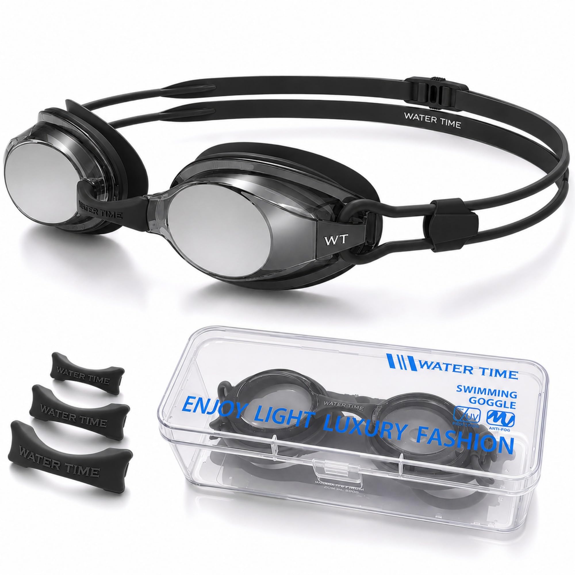 WATER TIME Racing Goggles – Long‑Lasting Anti‑Fog, Narrow‑Profile Frame, REVO Mirror, Secure Fit for Competitive Swimmers, Black