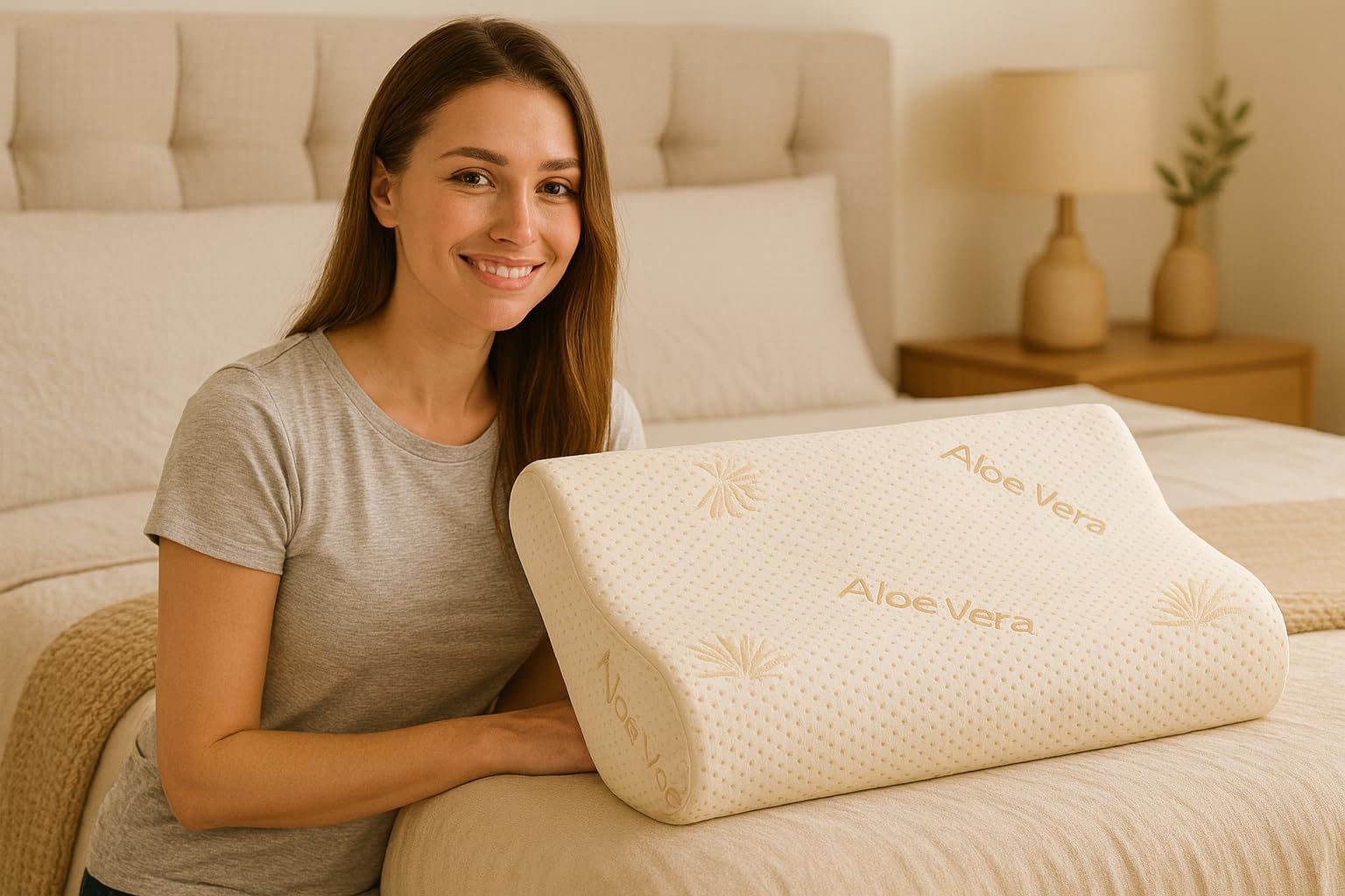 Tessiharmony Almohada cervical para dormir de espuma viscoelástica ortopédica de doble onda ideal para soporte al cuello, ergonómica, transpirable e hipoalergénica, con funda de aloe vera, antiácaros