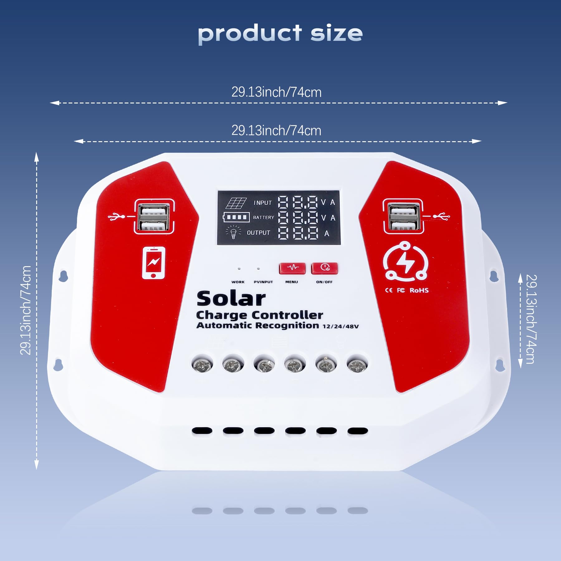 12V/24V Contrôleur De Charge Solaire, PWM Contrôleur De Charge Panneau Solaire, LCD Écran, 4 Ports USB, Compatible Gel Sealed Flooded Et La Batterie Au Lithium (60A)