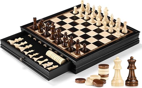 Miniatura 11 de Peradix Juego de tablero magnético de ajedrez con 2 cajones de almacenamiento integrados, juegos clásicos 2 en 1 de madera de 15 pulgadas con 2