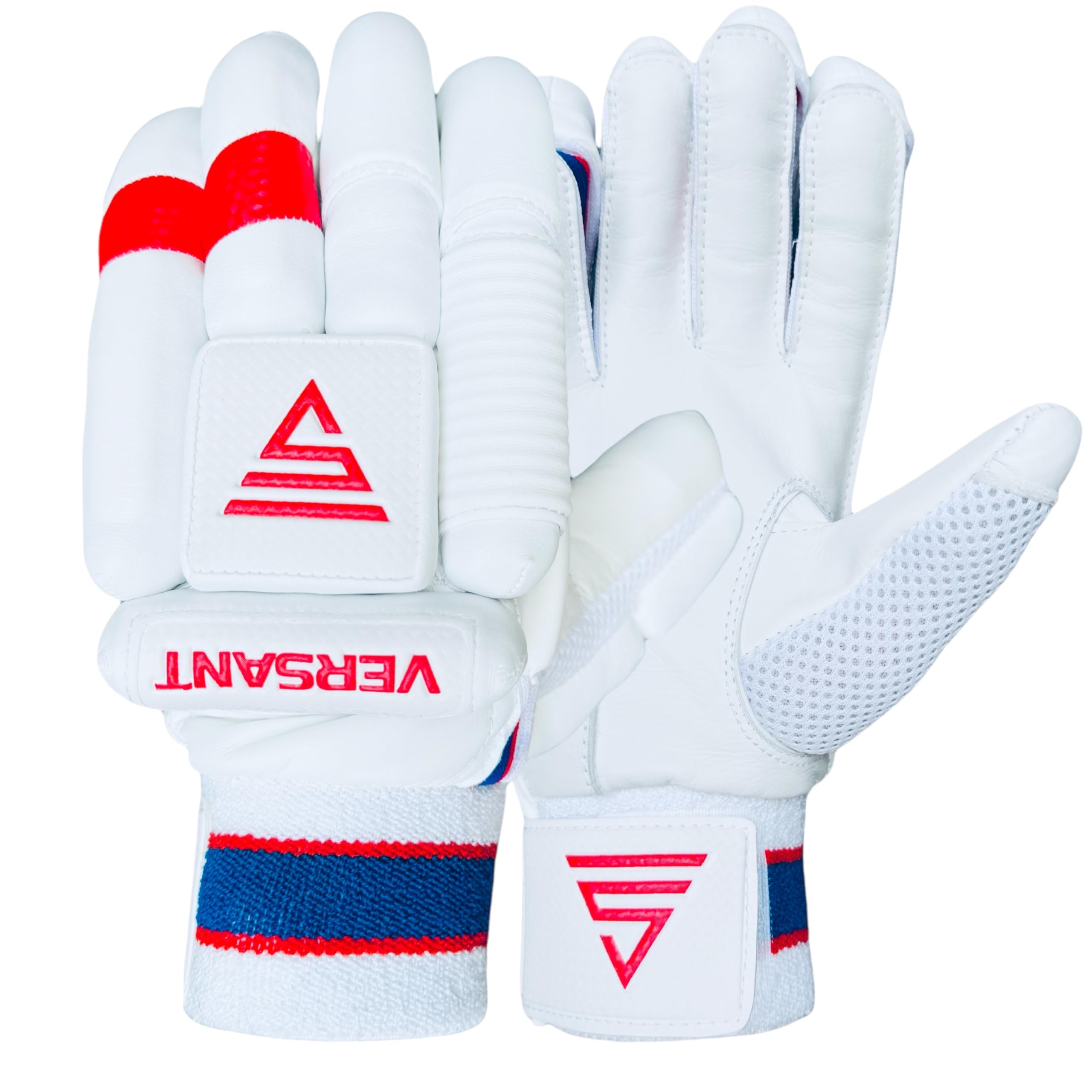 VERSANT Korean Pu PRO DG Cricket Batting Gloves (White-Blue-RED, Men Size, Left Handed)