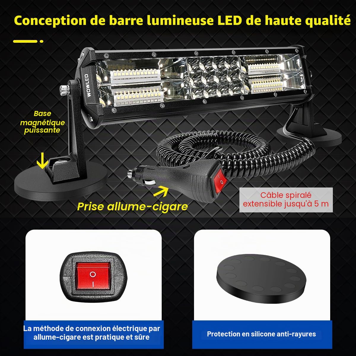 Magnetic Light Bar Barre lumineuse magnétique, 30,5 cm, portable, pour allume-cigare, aimants puissants super lumineux, lampe de travail LED réglable sur 4 positions pour 4 x 4 véhicules
