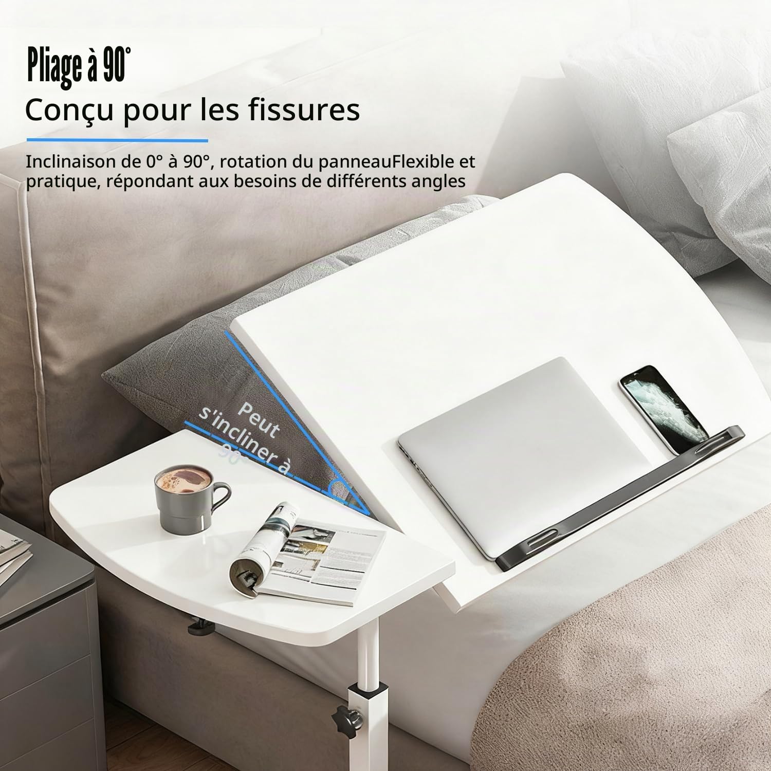 Table pour Ordinateur Portable,Table De Lit Medical，Bureau Roulant avec Plateau,Support d'Ordinateur Portable Réglable en Hauteur,Bureau Debout Mobile 60x40 CmInclinable (Blanc)