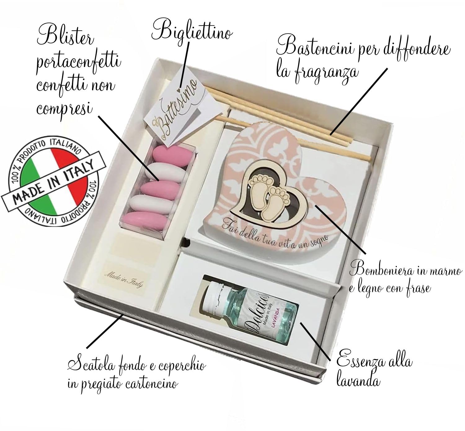 Regalami.Shop Set bomboniere Battesimo in Marmo di Carrara e Legno Naturale diffusore (4, Cuore r)