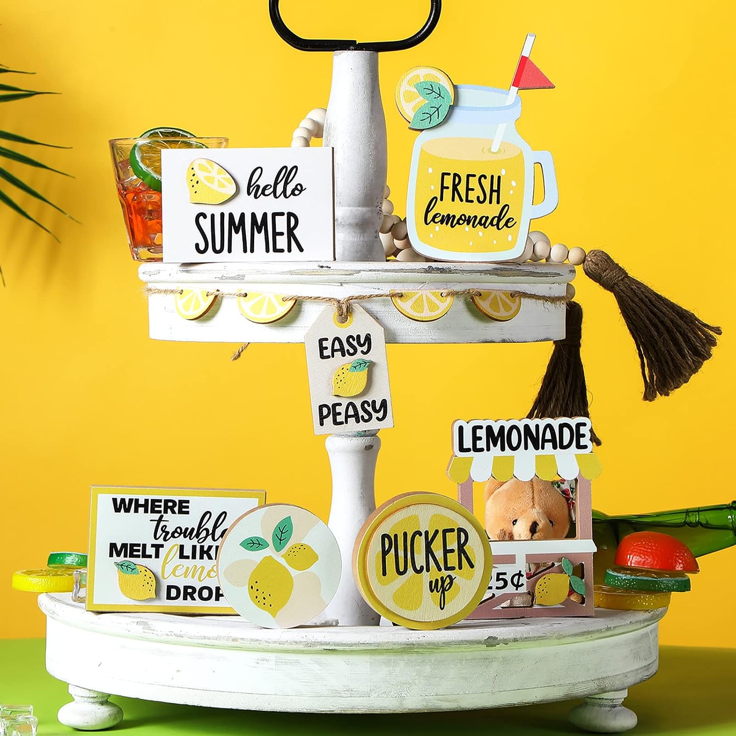 7 Pieces Summer Tiered Tray Decor Lemon Kitchen Decor Farmhouse Lemonade Tier Tray Decor Items Mini Wood Lemon Table Top Block Sign for Home Kitchen Decorations (Lemon Style)