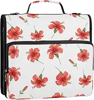 3 fichários com flores de hibisco vermelho, verde, branco, 3 anéis, anel D de 3,8 cm com zíper, bolsa de fichário para ensino médio com alça, estojo de armazenamento colorido com alça 34,5 x 31,5 x 9