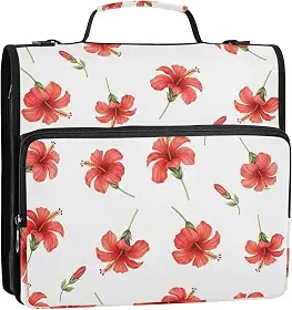 3 fichários com flores de hibisco vermelho, verde, branco, 3 anéis, anel D de 3,8 cm com zíper, bolsa de fichário para ensino médio com alça, estojo de armazenamento colorido com alça 34,5 x 31,5 x 9