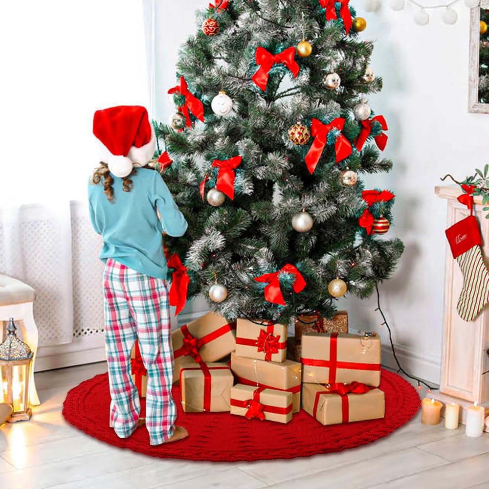 YUJUN Gonna lavorata a maglia per albero di Natale, 122 cm, colore: rosso