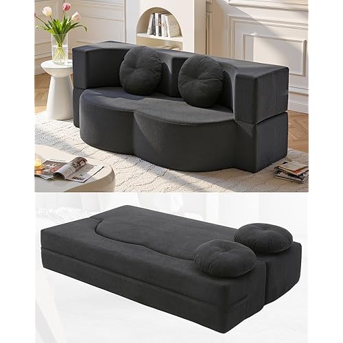 76" Convertible Sleeper Sofa Bed, 2-in-1 Folding Sofa Bed with Pillow, Modern Velvet Fabric Floor Couch, Futon Loveseat Sofa, Foam Folding Mattress Couch for Living Room, Guest Room (Black)