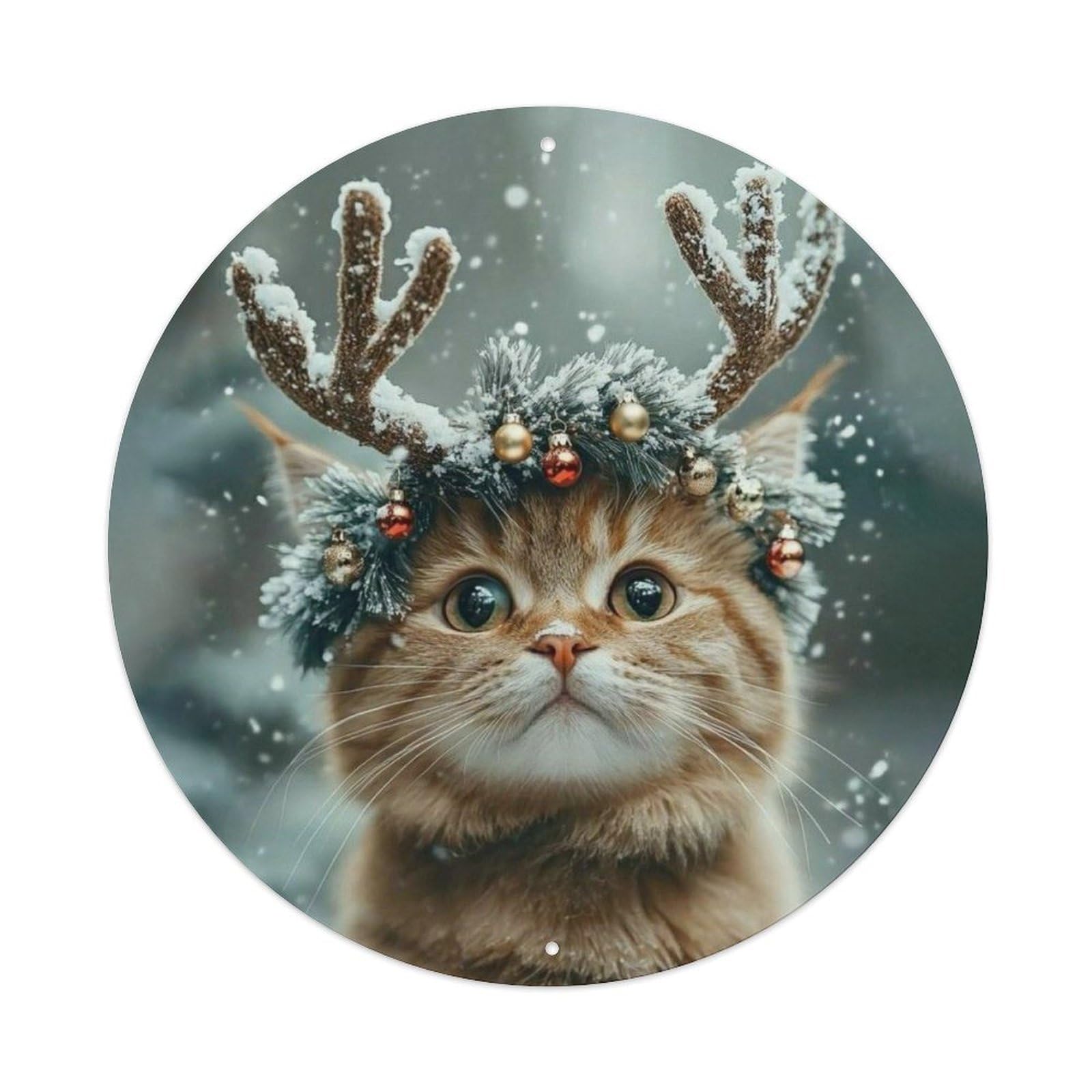 Animal Ginger Tabby Kitten Christmas Reindeer Antler Winter Snow Vintage Metal Tin Sign Plaque Wall Decor for Cafe, Club Bar, Office, Garden Metal Poster 8x8Inch