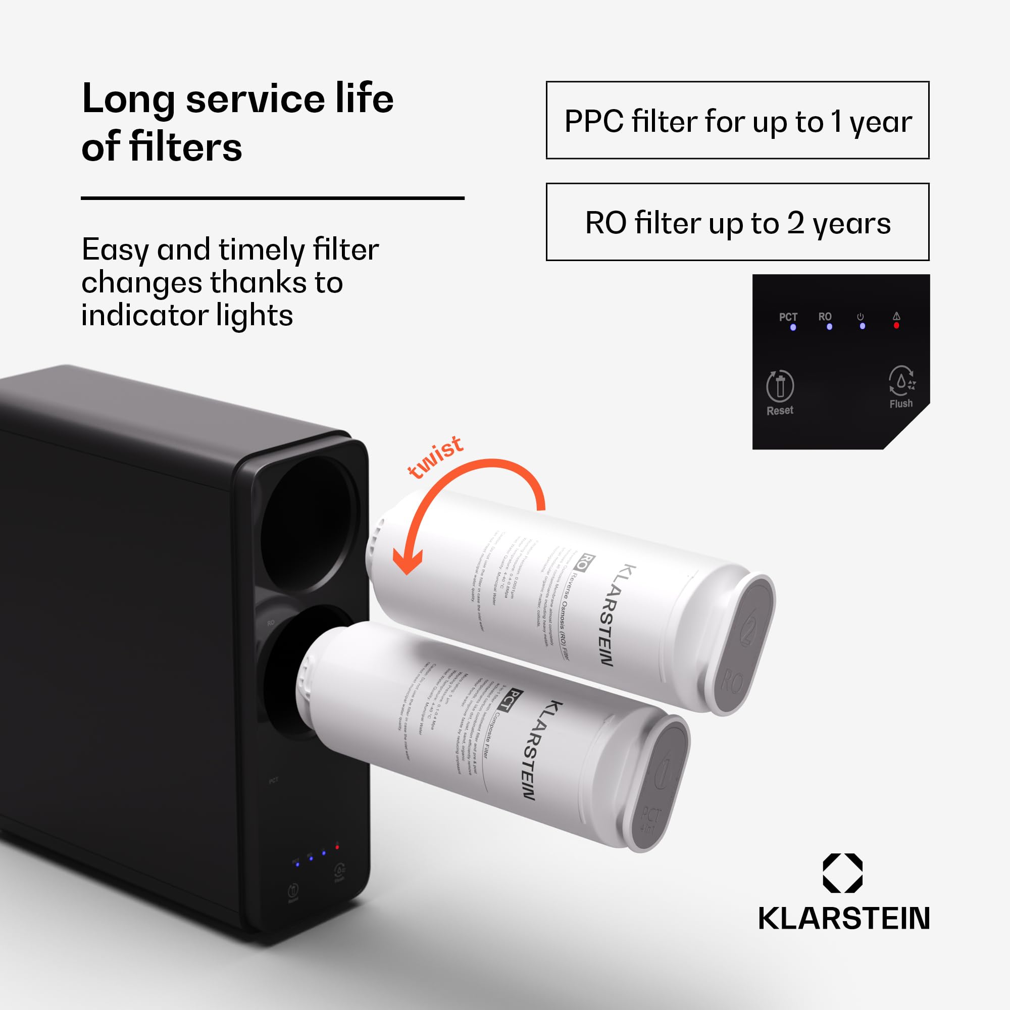 Klarstein System filtracji wody z odwróconą osmozą, 800GPD podzlewowy system filtracji wody pitnej, 5-stopniowa filtracja, 2 filtry, Osiąga 99,99% czystości, Szybka instalacja odwróconej osmozy RO