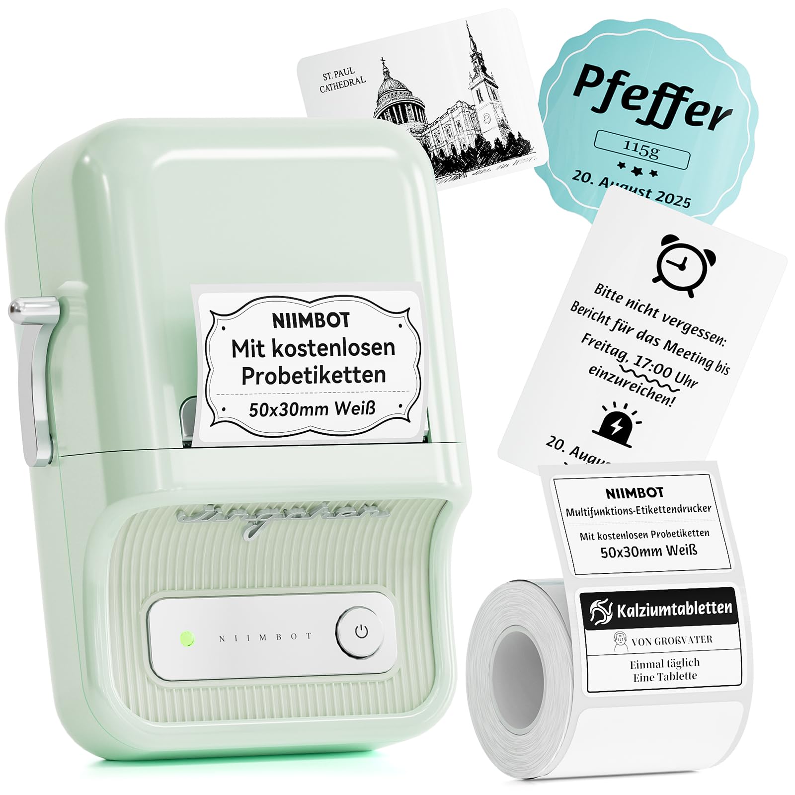 NIIMBOT B21 Etikettendrucker, Selbstklebendes Etikettiergerät Bluetooth Beschriftungsgerät Sticker Drucker Label Printer, Tragbares Label Printer für Barcode Einzelhandel Büro, Mintgrün