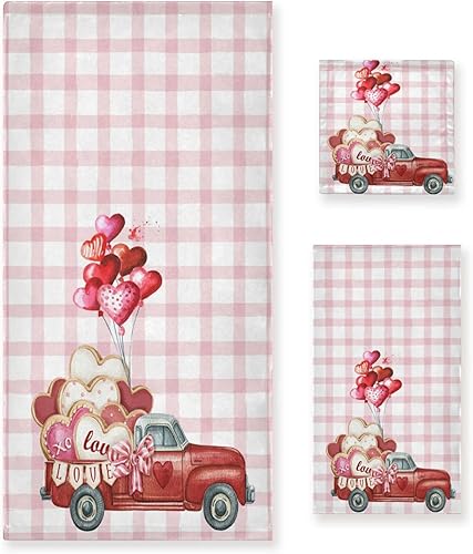 Juego de 3 toallas románticas a cuadros con diseño de corazón rosa con resorte de globo, toallas de baño suaves y absorbentes, toallas de mano,