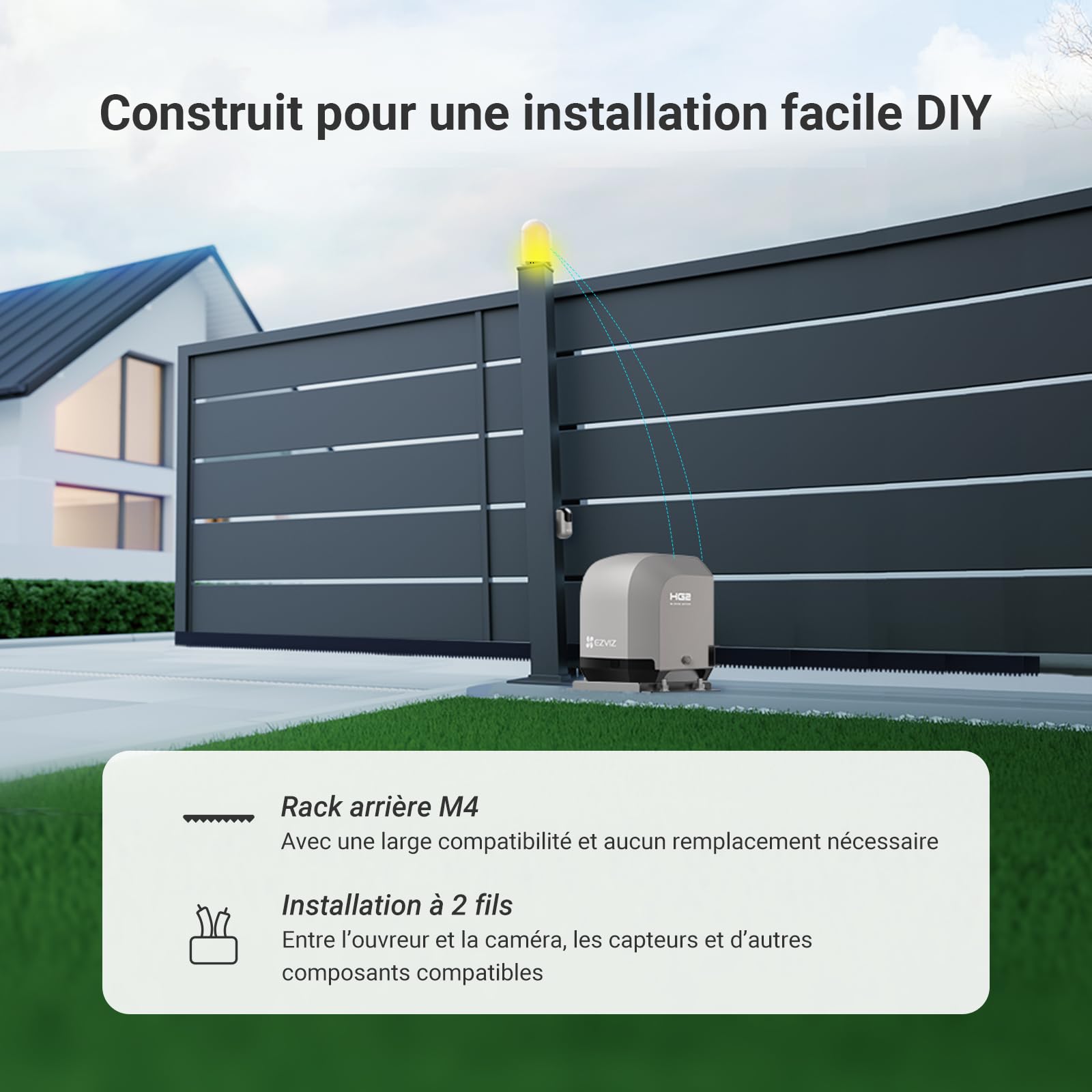 EZVIZ Moteur Portail Coulissant 400 kg Ouvre Portail Auto HG2 400 | Vantaux Max 6m, Sécurité avec Détection d'Obstacles,Batterie de Secours,Télécommandes&Contrôle APP, Facile à Installer