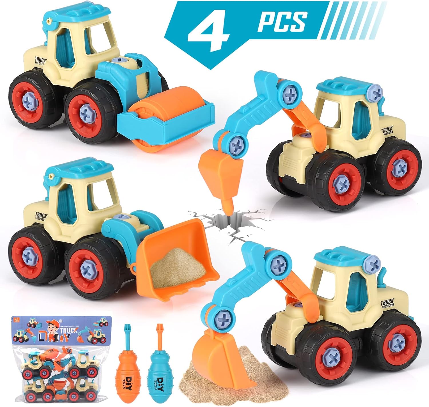 Vehículo de Construcciones Juguete,4 Piezas Desmontar y Ensamblarde Vehículo de Construcciones Juguete Excavadora Tractor , Juguetes Educativos Regalos para Niños Grils 4 5 6 Años (Azul Blanco)