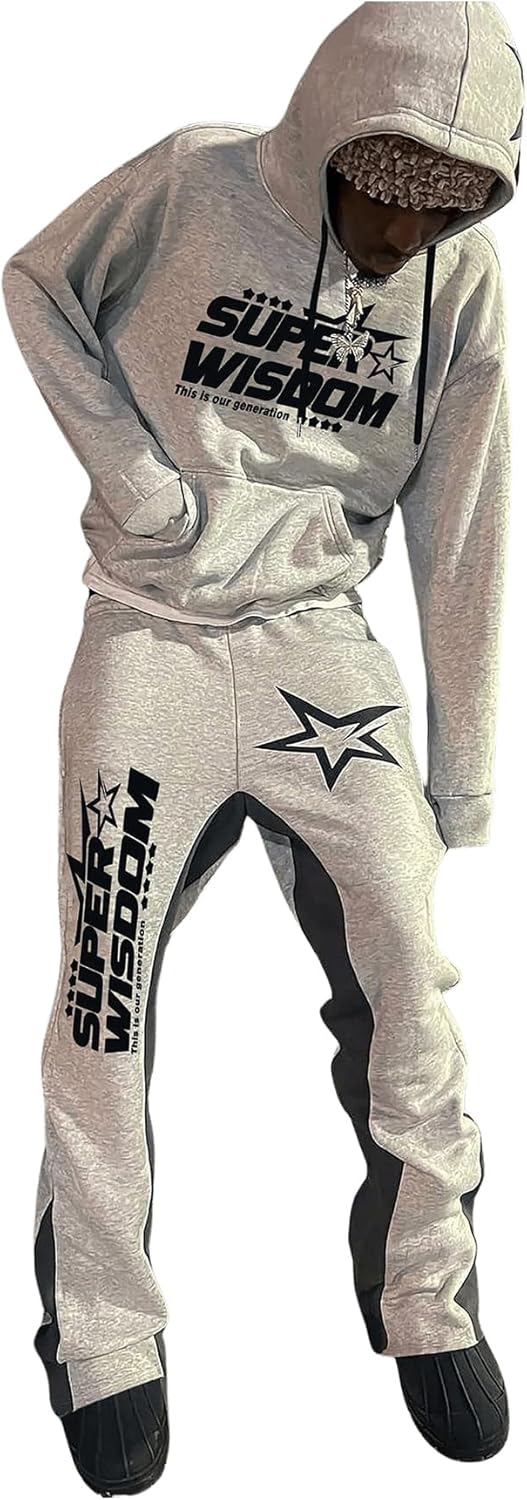 Men's 2 Piece Sweatsuit Long Sleeve Star Hoodie Pullover and Y2K Stacked Sweatpants Sets