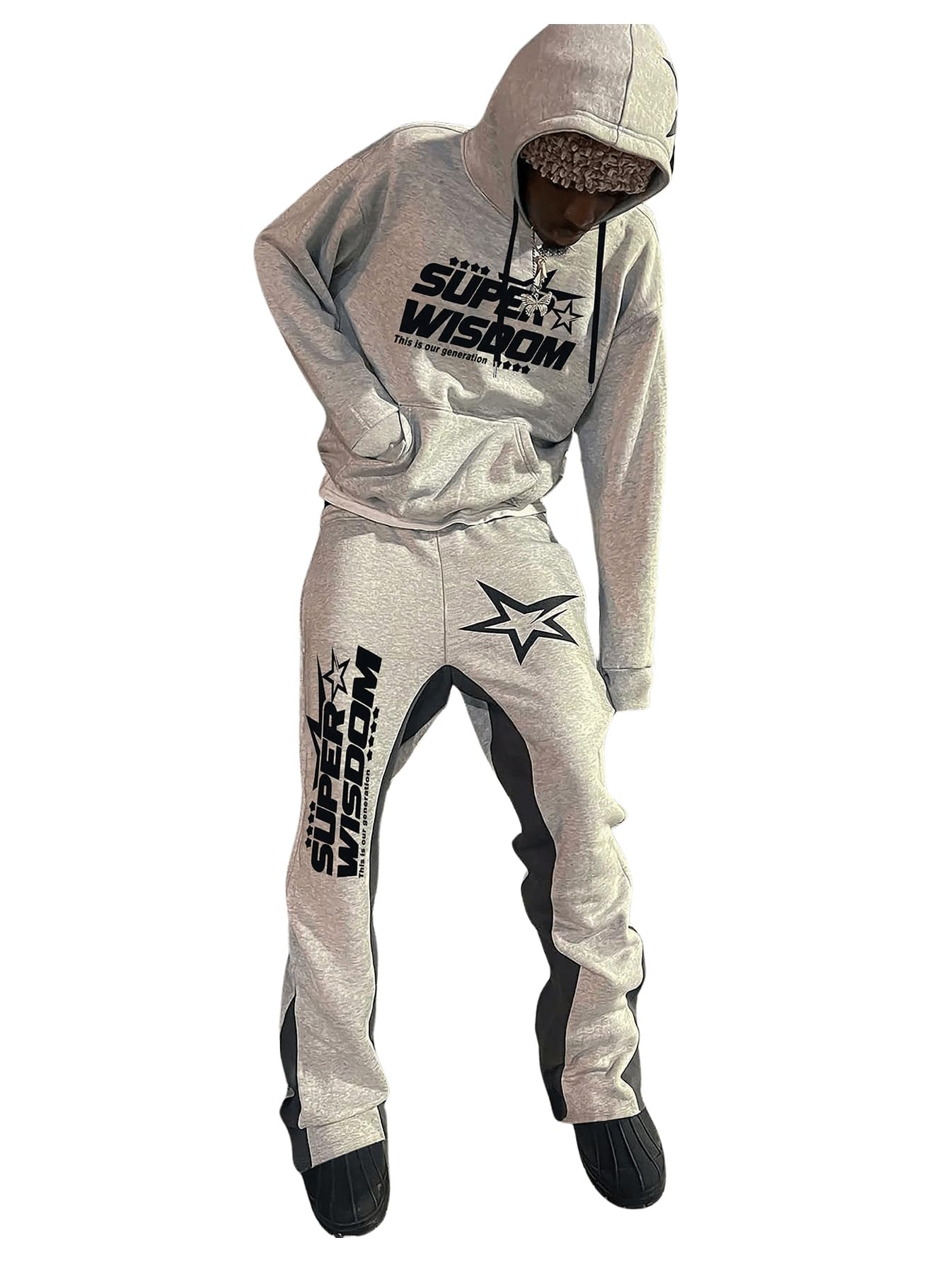 VIPWOLF Men's 2 Piece Sweatsuit Long Sleeve Star Hoodie Pullover and Y2K Stacked Sweatpants Sets