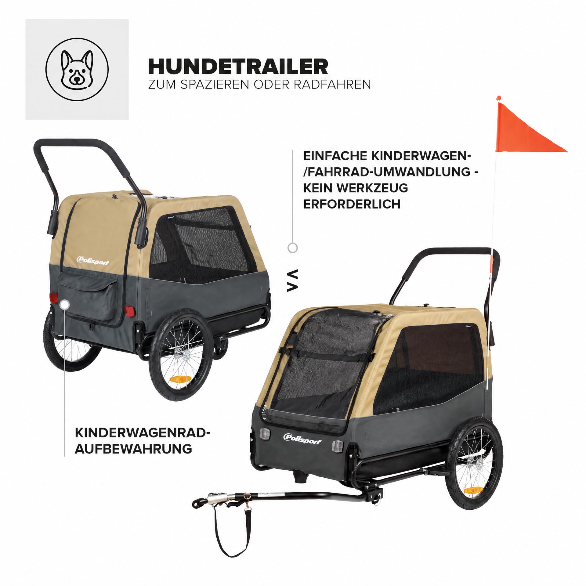 Polisport Hundeanhänger & 2-in-1-Kinderwagen Größe M & XL