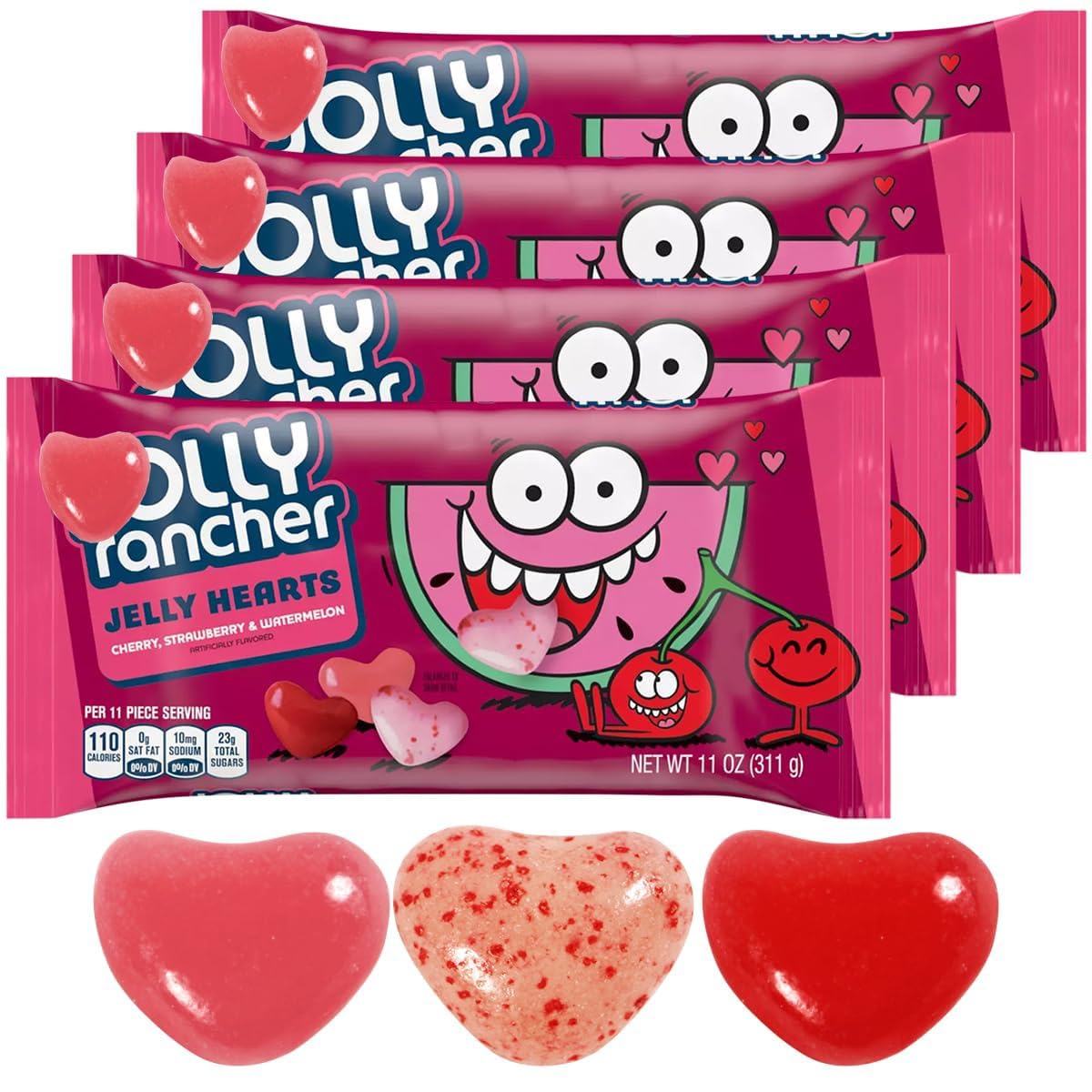 Assorted Fruit Flavored Jelly Hearts Candy Cherry, Strawberry, and Watermelon Flavors - Indulging Fruity Flavors Jelly Beans Hearts, 4 Pack, 44oz
