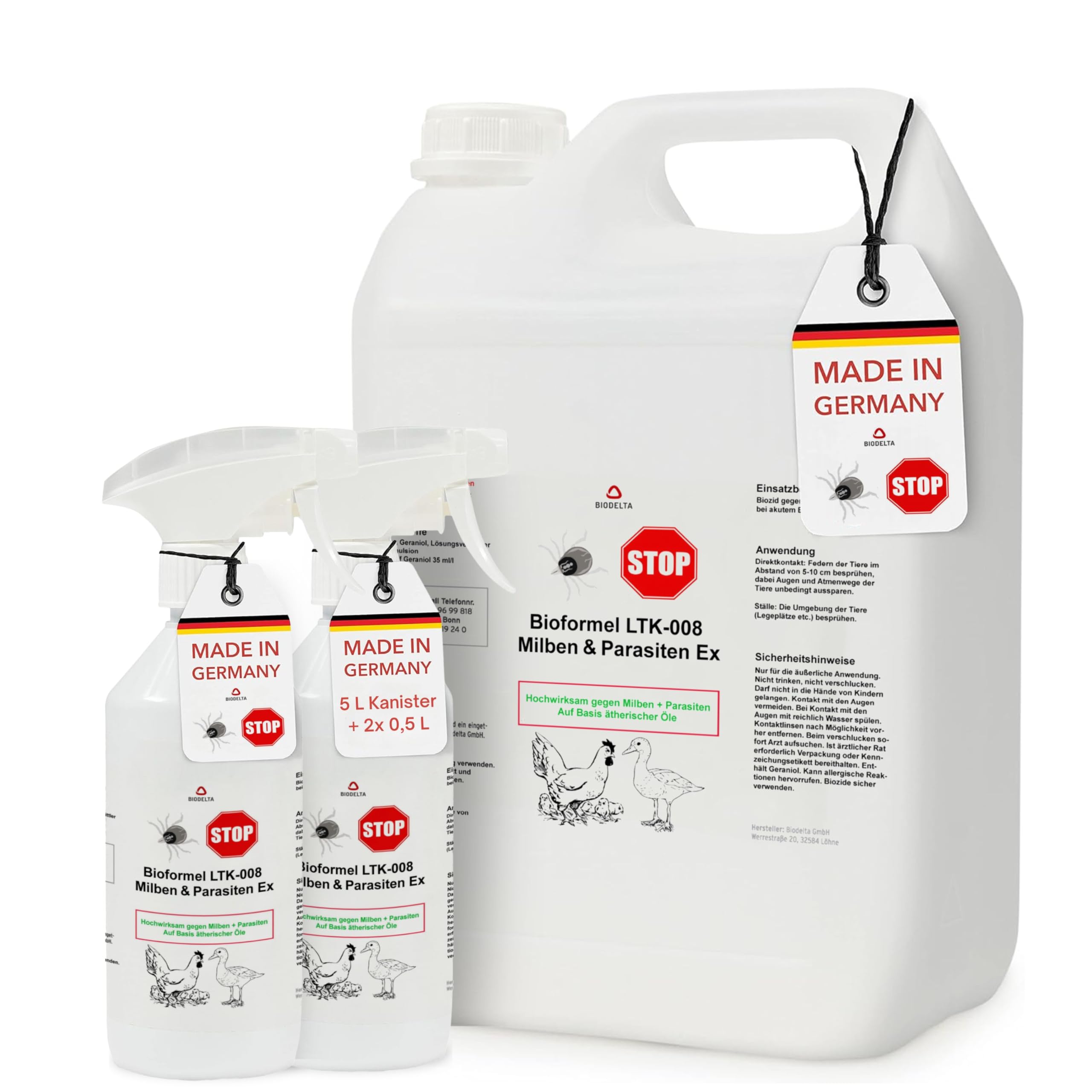 BIODELTA Milben Bundle Hühner & Geflügel 2 x 500ml + 1x 5L - Anti Milbenmittel gegen Milben und Parasiten - Hühner Milben Stop -Geflügel Milbenmittel - vorbeugend & bei akutem Befall