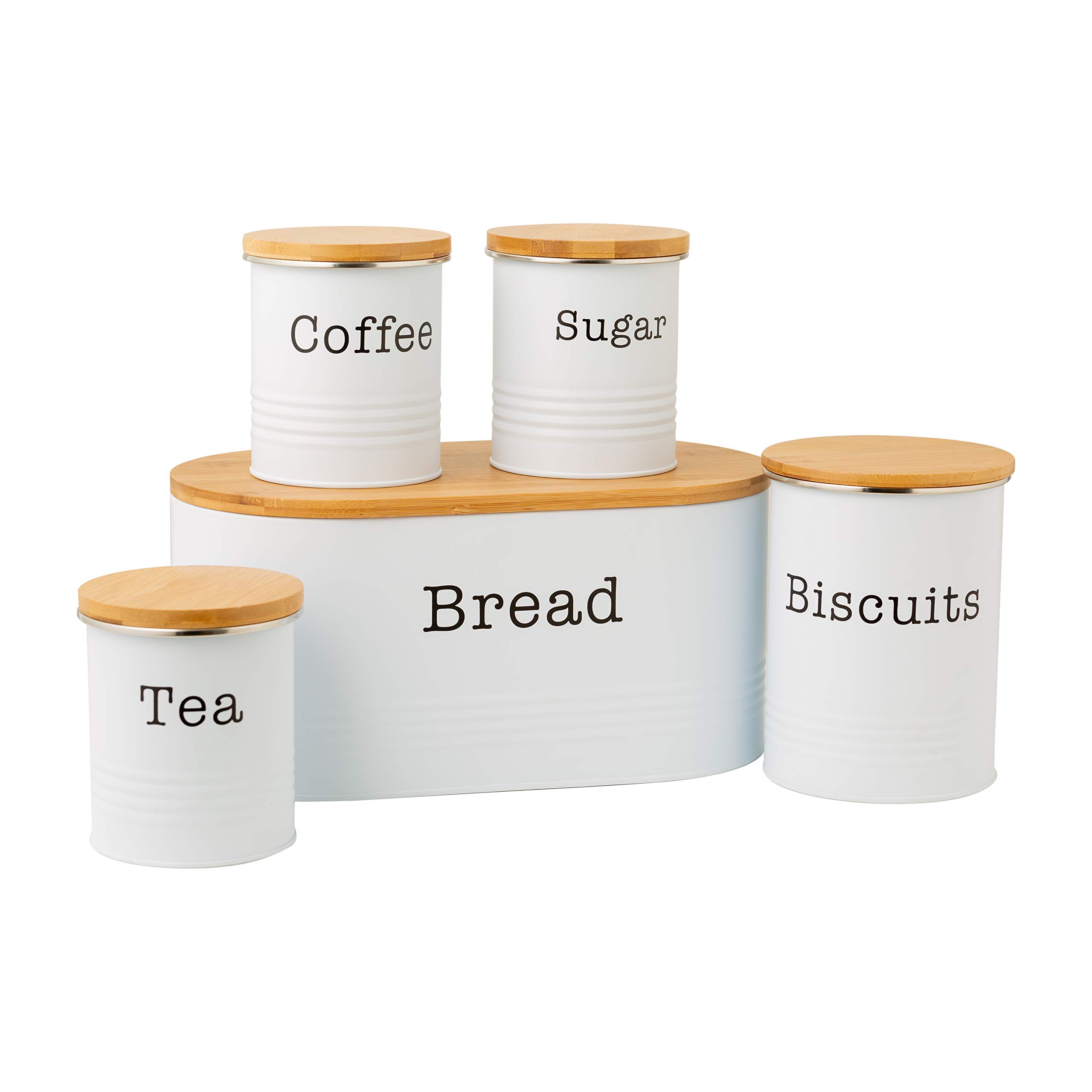 EHC 5pc Essential Tea, Coffee, Sugar, Biscuit and Bread Canisters Storage  Set With Lid White