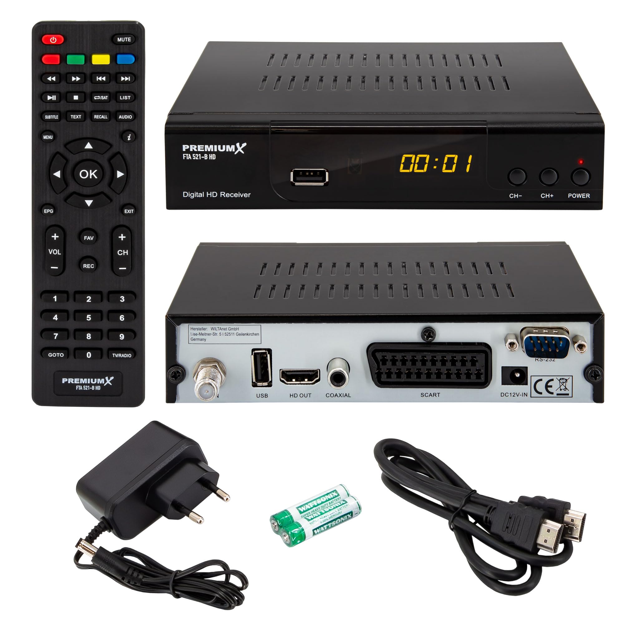 PremiumX Récepteur satellite HD 521 FTA numérique satellite DVB-S2 FullHD HDMI SCART 2X USB lecteur multimédia 12 V Bloc d'alimentation externe