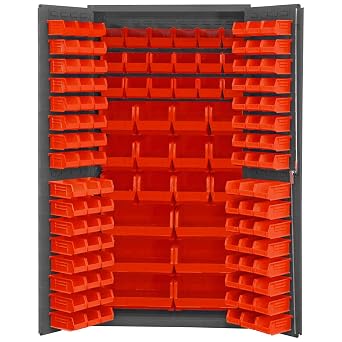 Durham 3501-BDLP-132-1795 Lockable Cabinet with 132 Red Hook-On Bins, Flush Door Style, 36" Wide, 14 Gauge, Gray